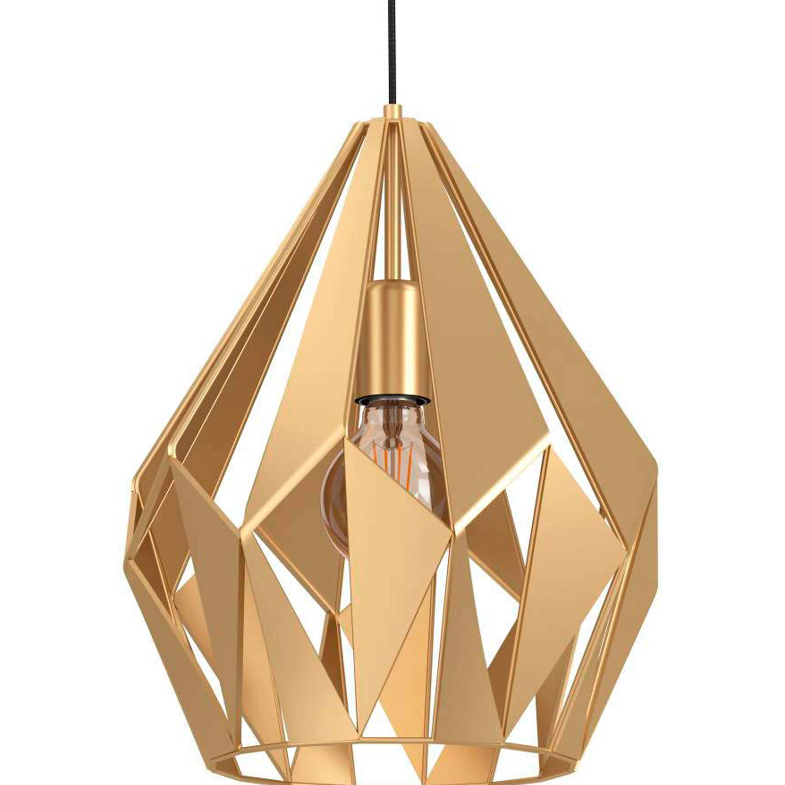 Eine geometrische goldene Pendelleuchte mit einer Glühbirne darin vor einem weißen Hintergrund.