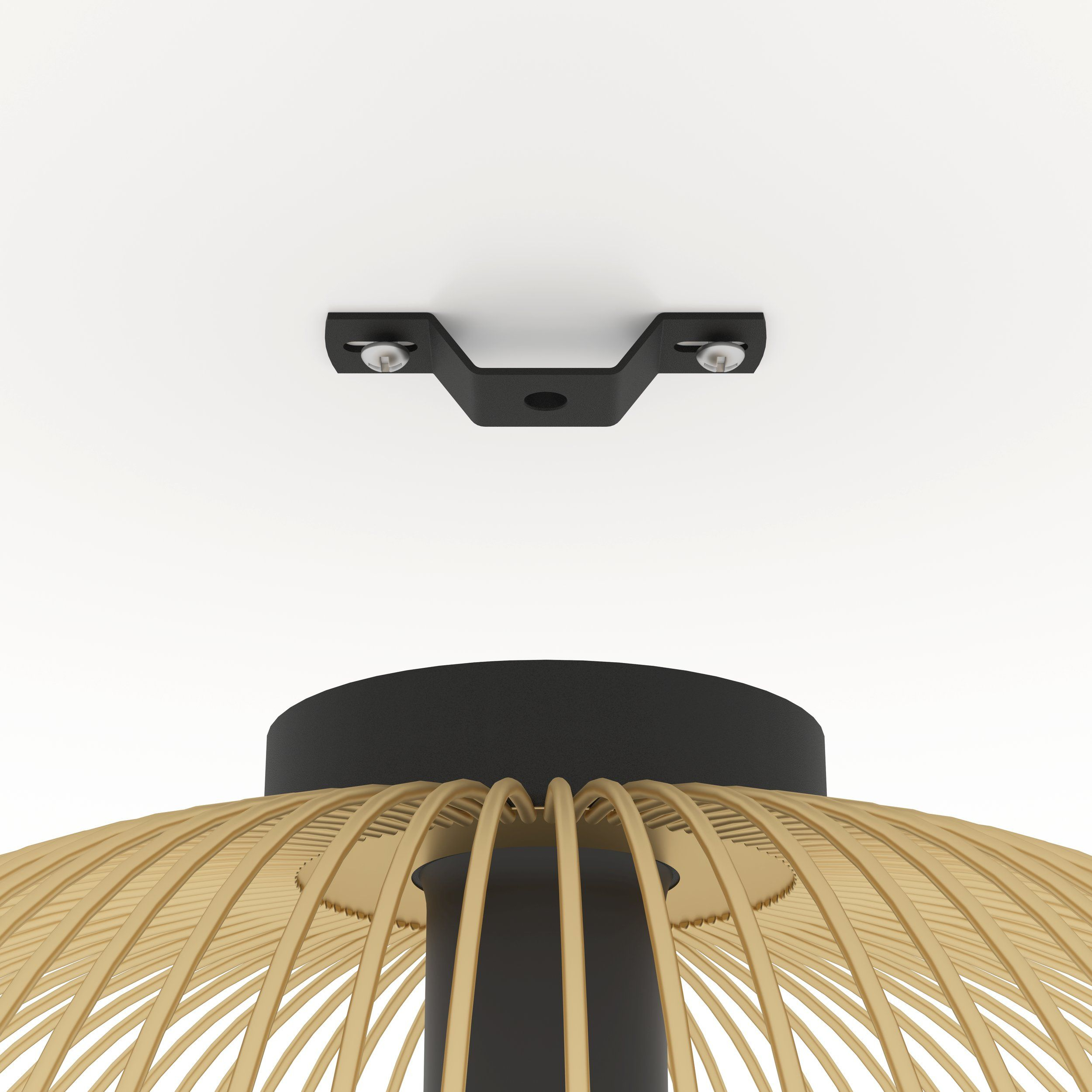 Un gros plan montre le matériel de montage d'un luminaire contre un plafond blanc.