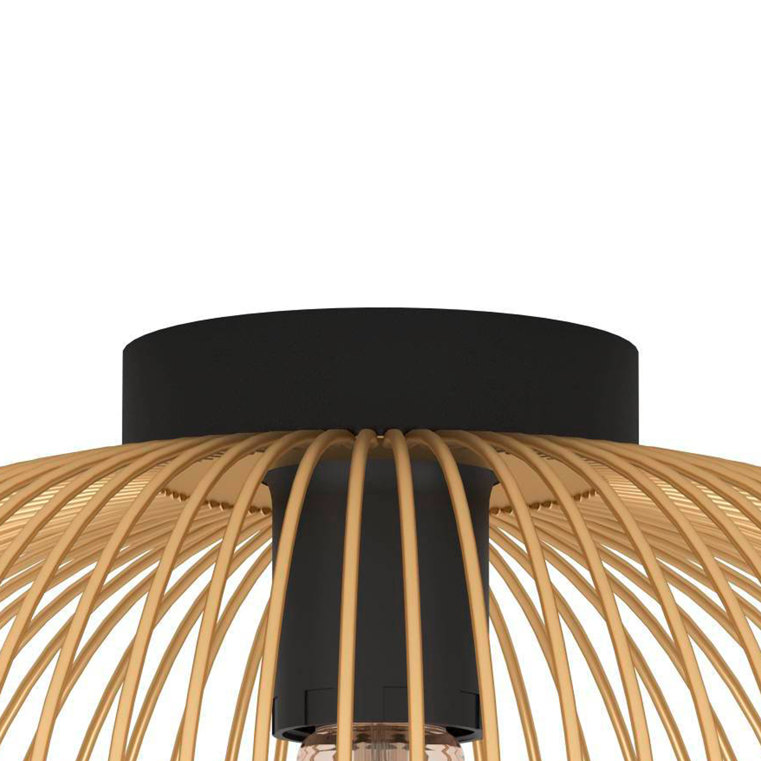 Un gros plan de la base d'un luminaire montre un support noir et des fils dorés sur un fond blanc.