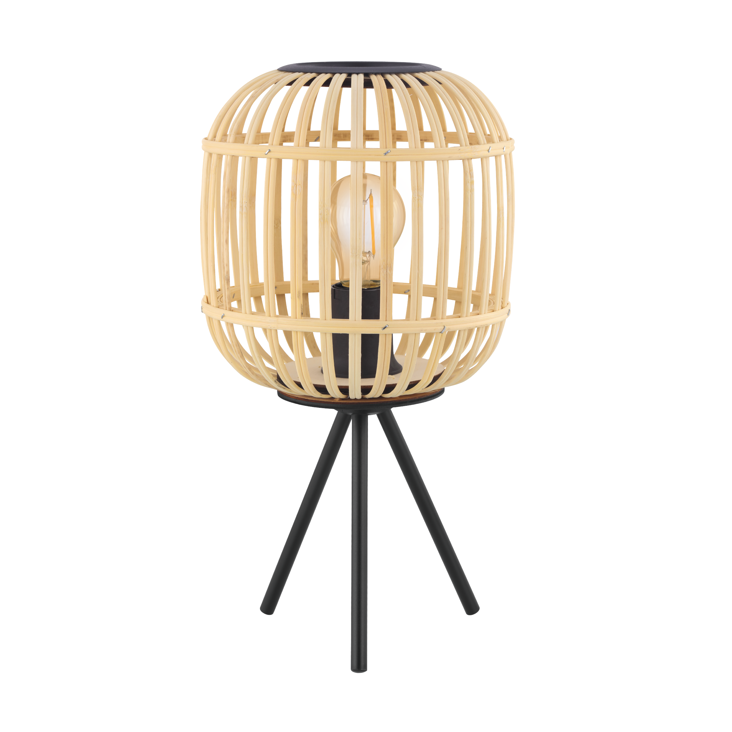 Eine hellbraune Lampe im Käfigstil mit schwarzem Sockel und drei schwarzen Beinen steht auf schwarzem Hintergrund.