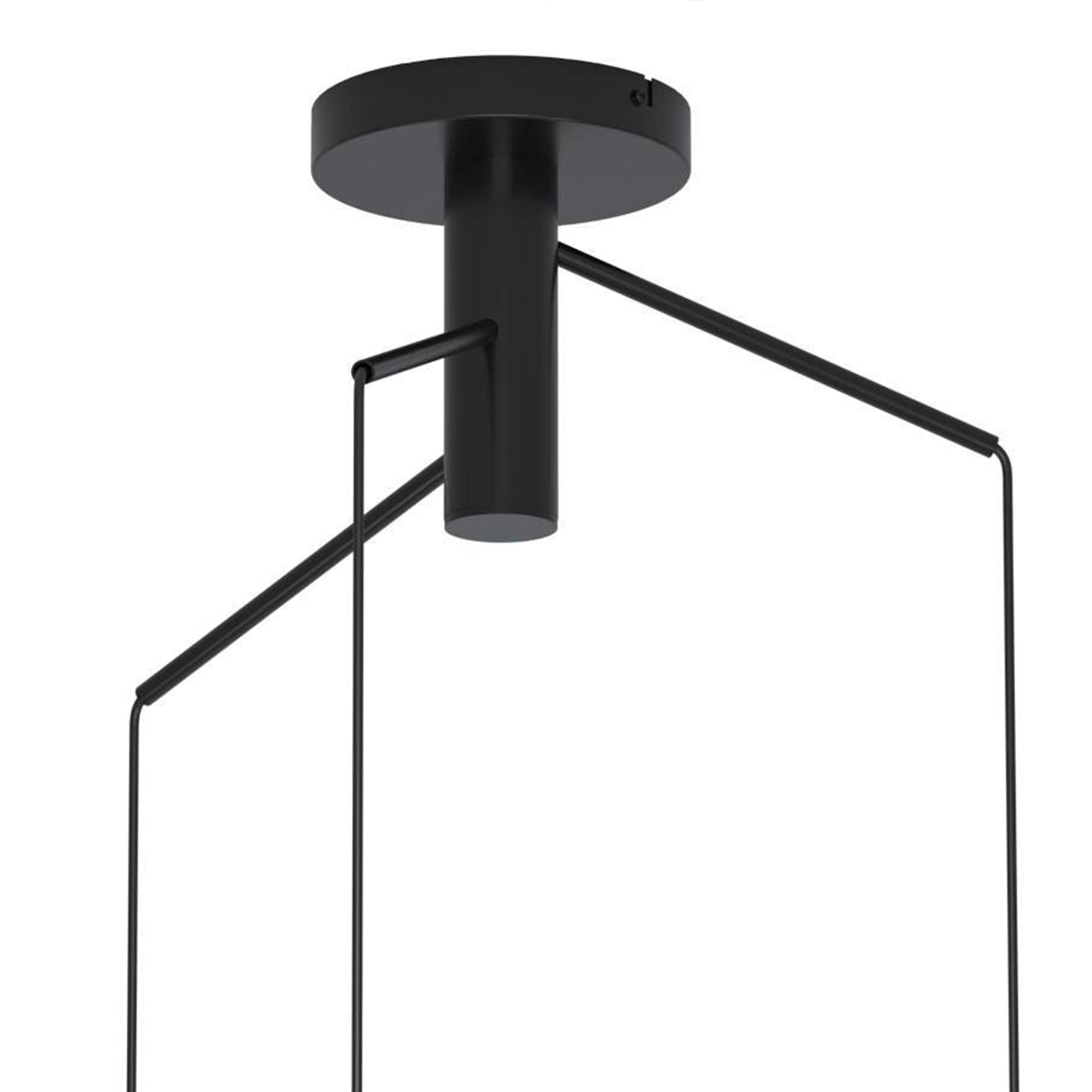 Una lampada da soffitto nera con tre bracci e senza paralumi.