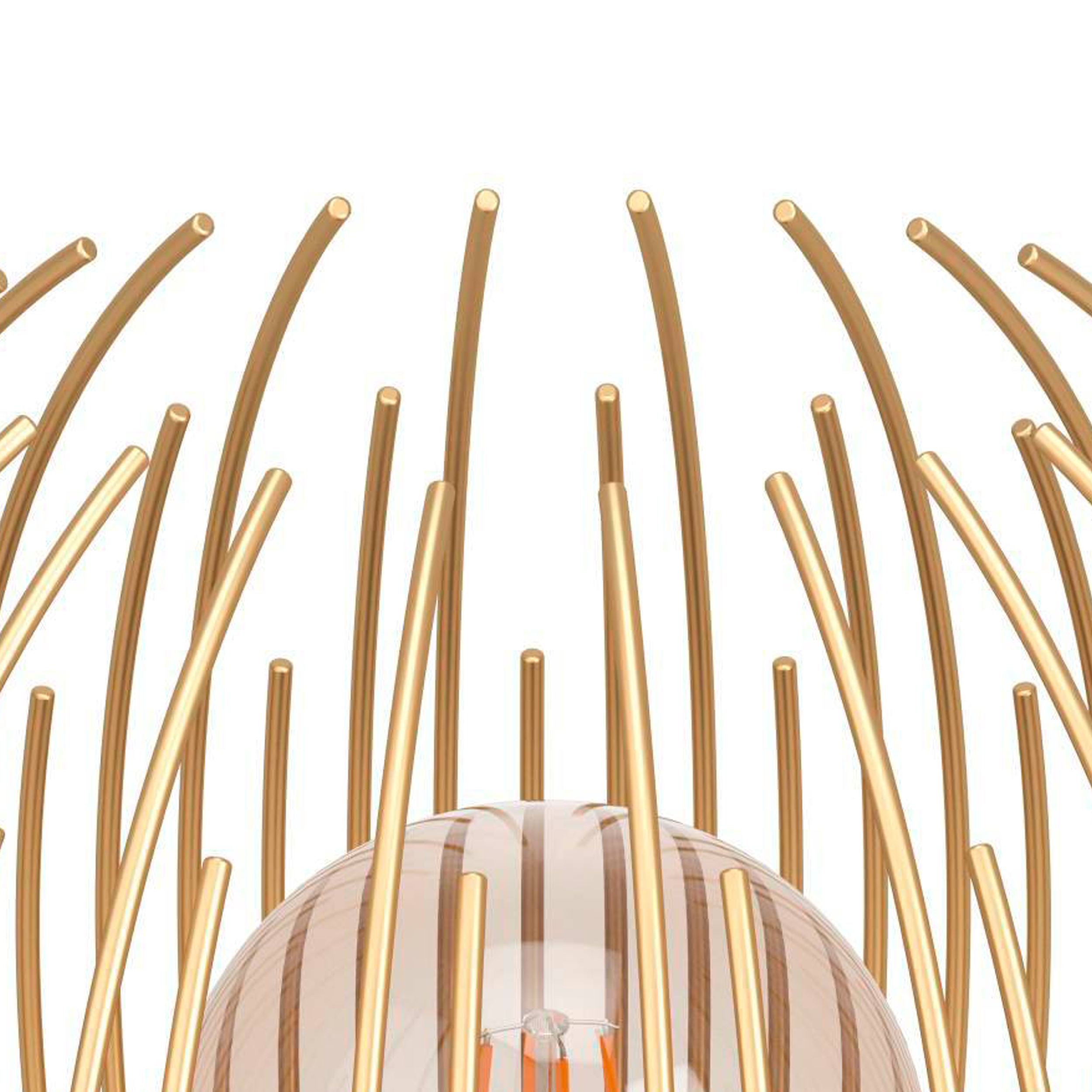 Primo piano di una lampada in metallo dorato con lampadina. Design a gabbia sferica.