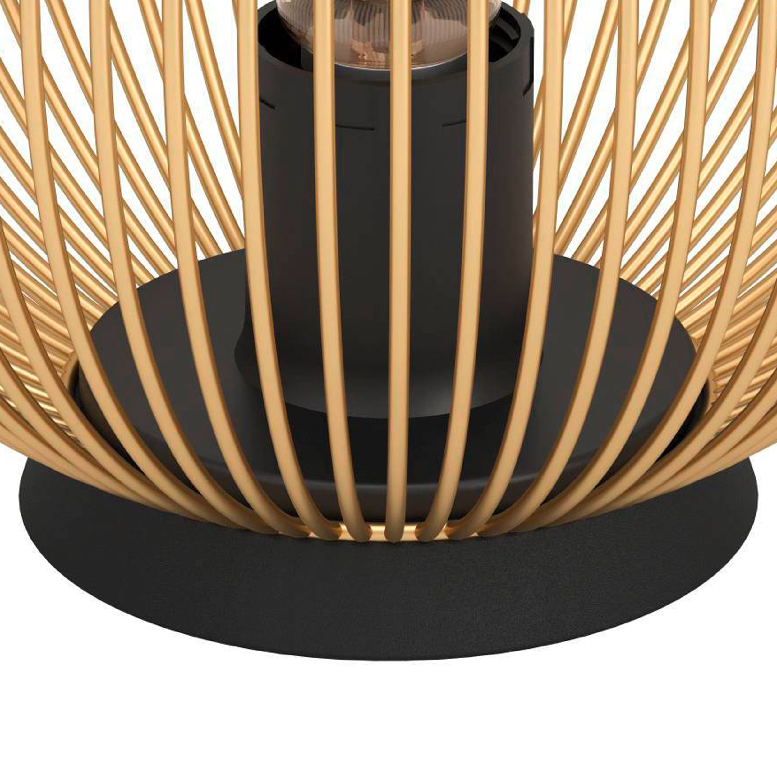 Primo piano di una lampada sferica color oro con base nera, che mostra la lampadina all'interno.