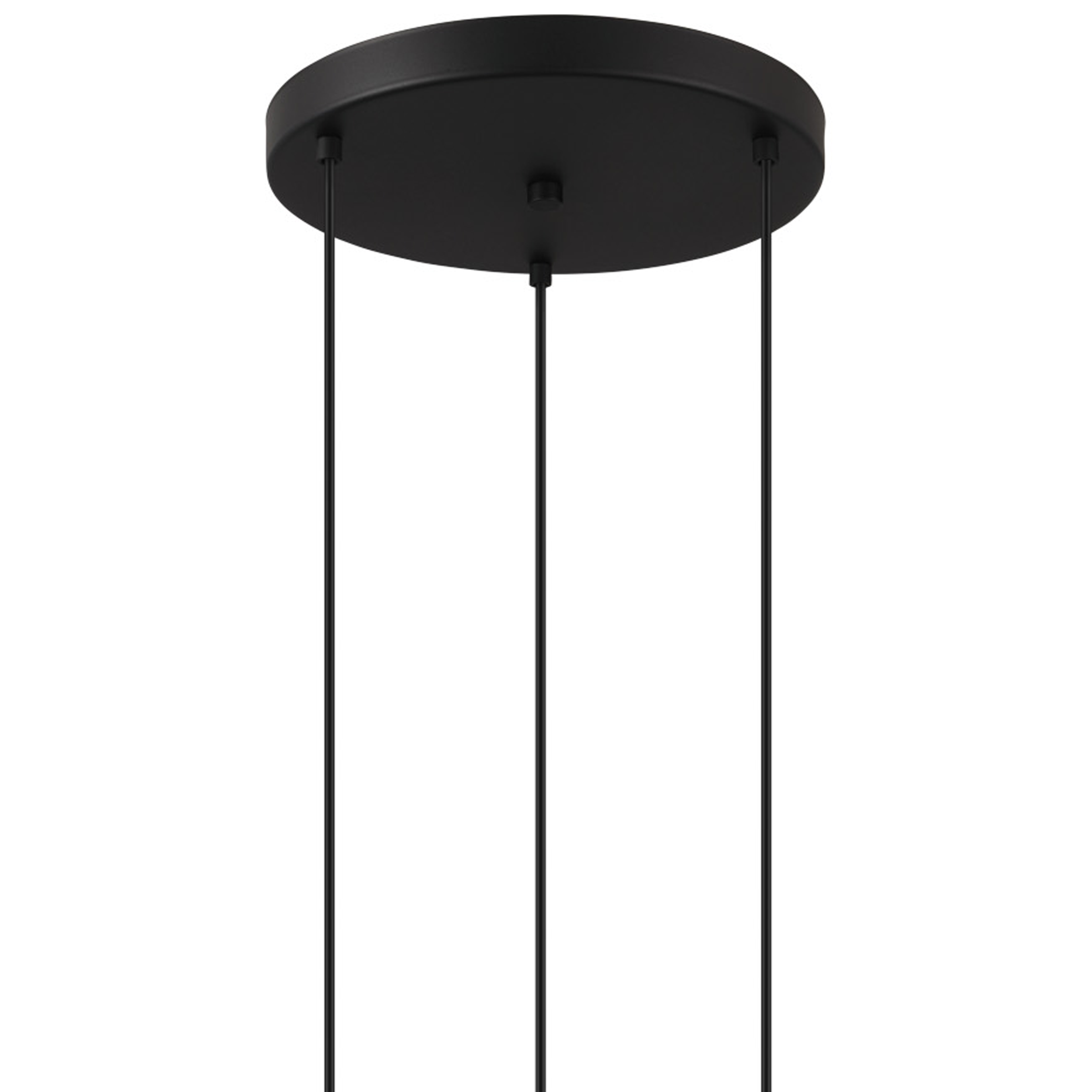 Primo piano di una piastra da soffitto nera con tre fili pendenti. Sfondo bianco.