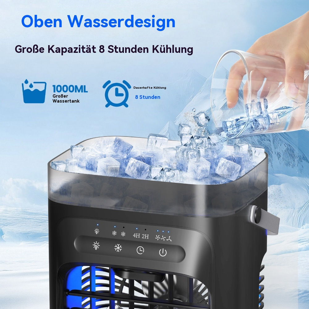 Schwarzer Luftkühler mit Eiswürfeln, die hineingegossen werden, blaues Licht sichtbar. Text auf Deutsch.