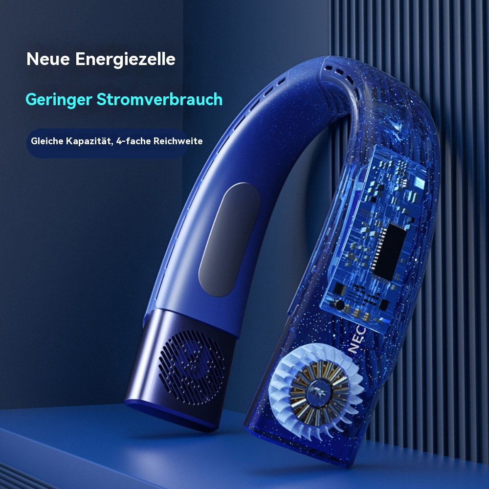 Blauer Nackenventilator mit Innenteilen. Merkmale: geringer Stromverbrauch und schlankes Design.