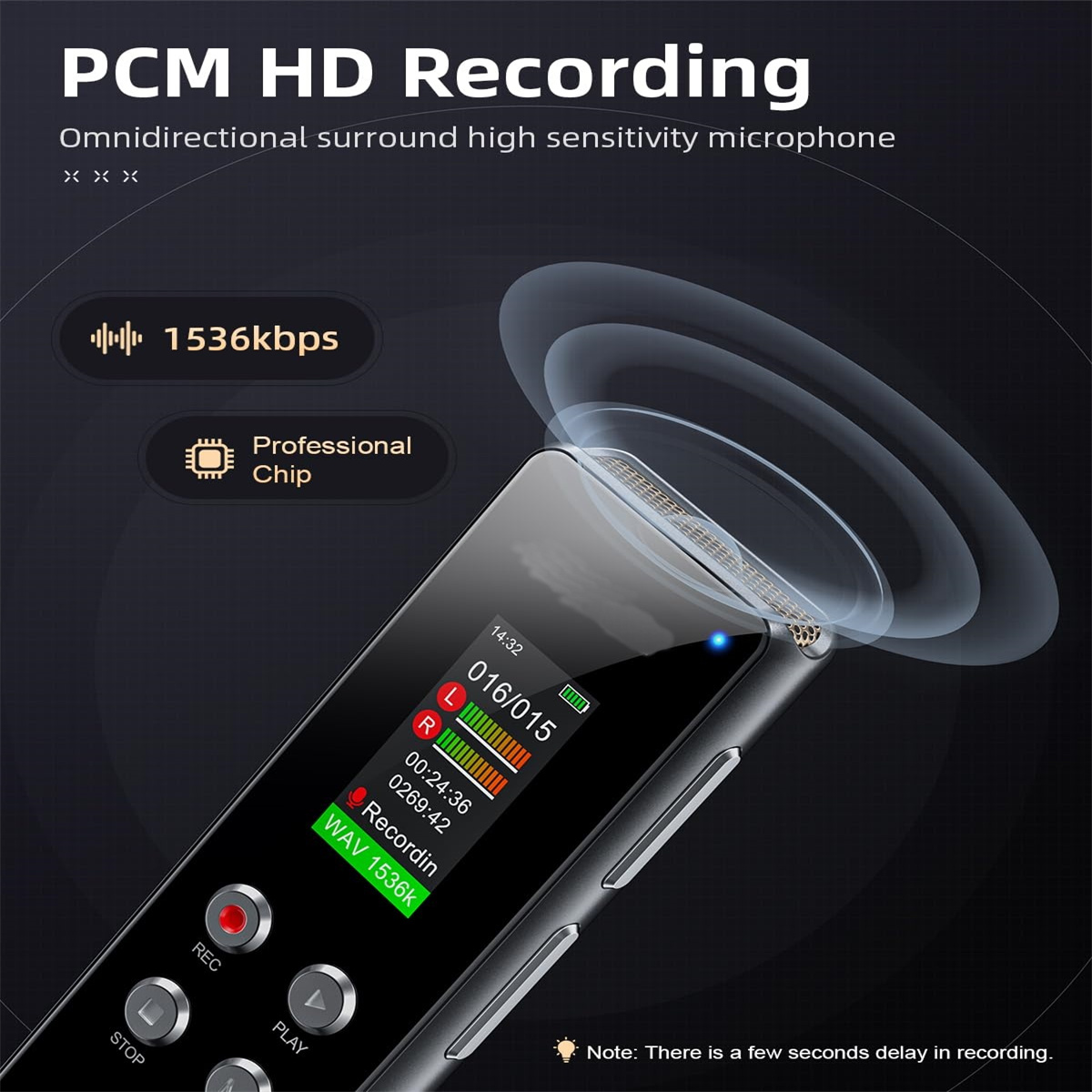 Ein schwarzer digitaler Diktiergerät hebt seine PCM-HD-Aufnahmefunktion mit Audiowellen um ihn herum hervor.