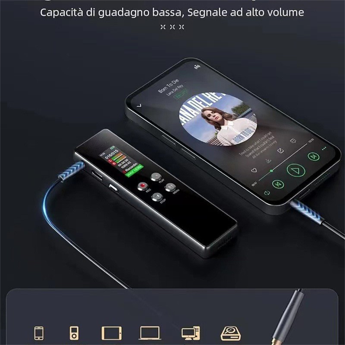 Ein schwarzes Aufnahmegerät ist mit einem Telefon verbunden. Das Telefon zeigt eine Musik-App mit Albumcover.