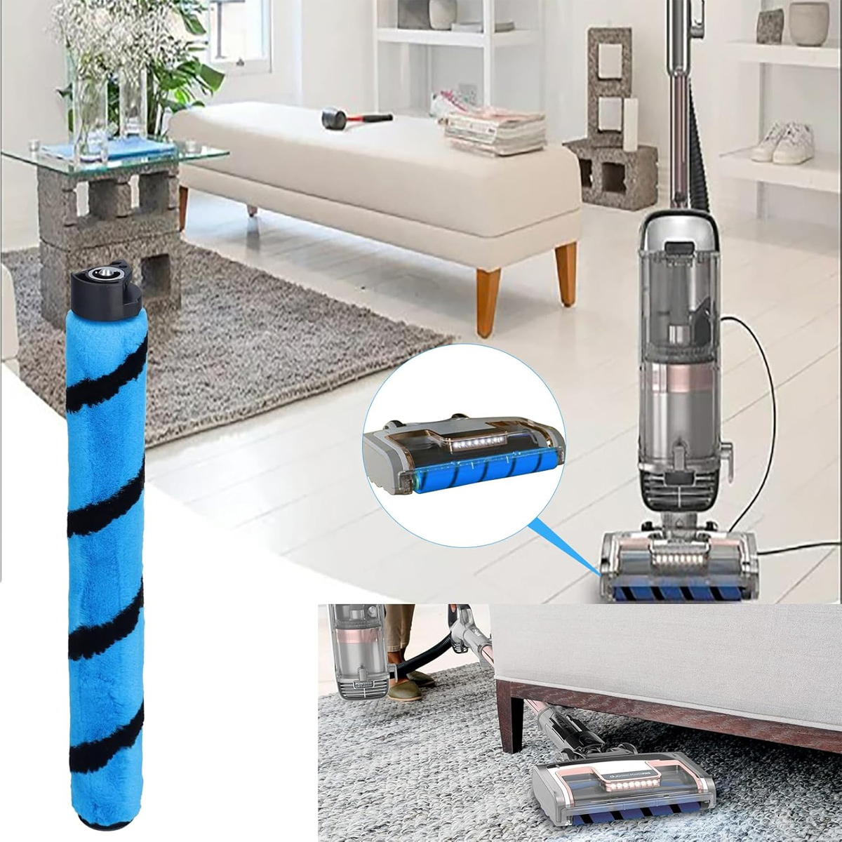 Ein Staubsauger und eine Walzenbürste mit blau-schwarzen Streifen. Die Bürste wird im Detail gezeigt.