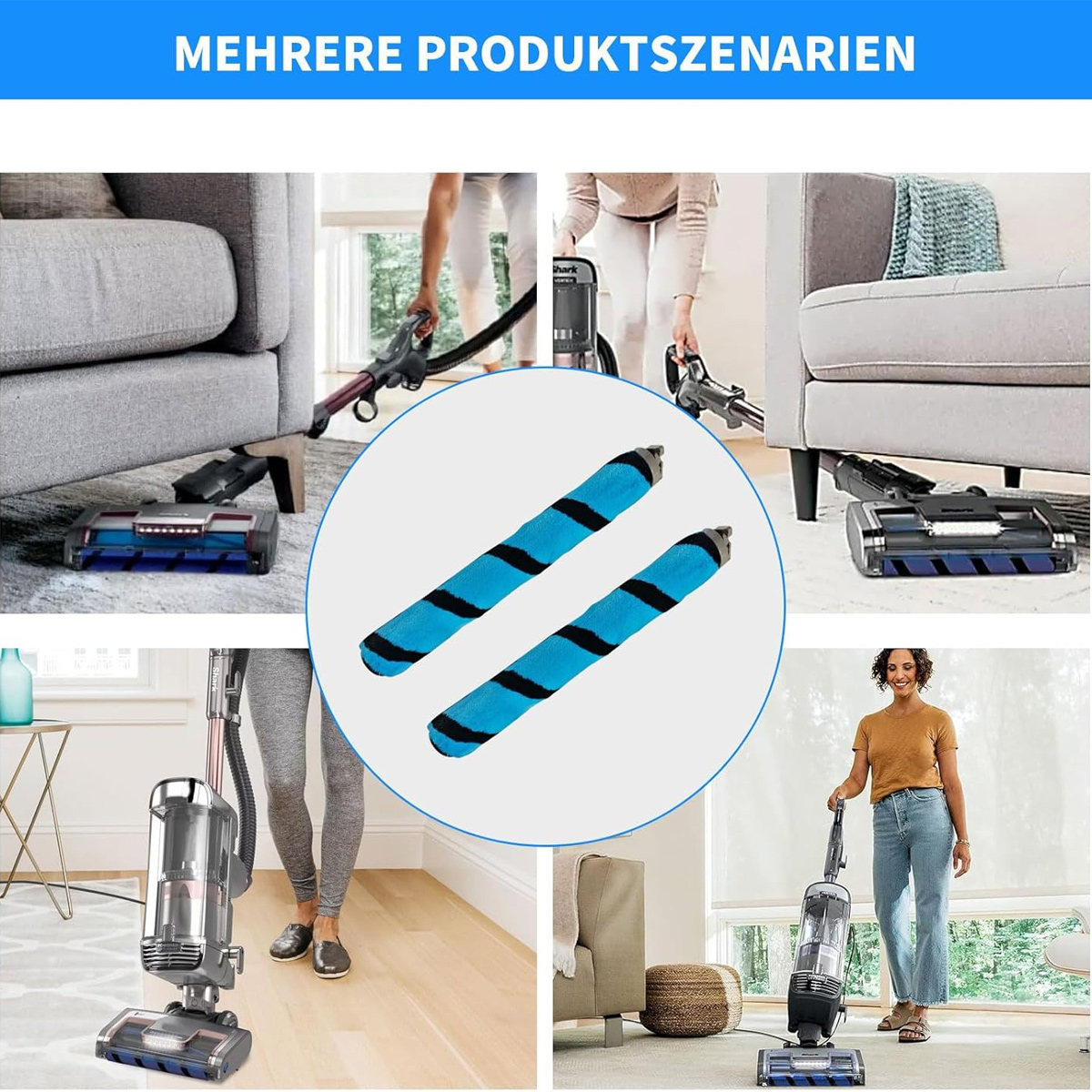 Mehrere Szenen mit Staubsaugern und Walzenbürsten. Menschen benutzen die Geräte in verschiedenen Umgebungen.