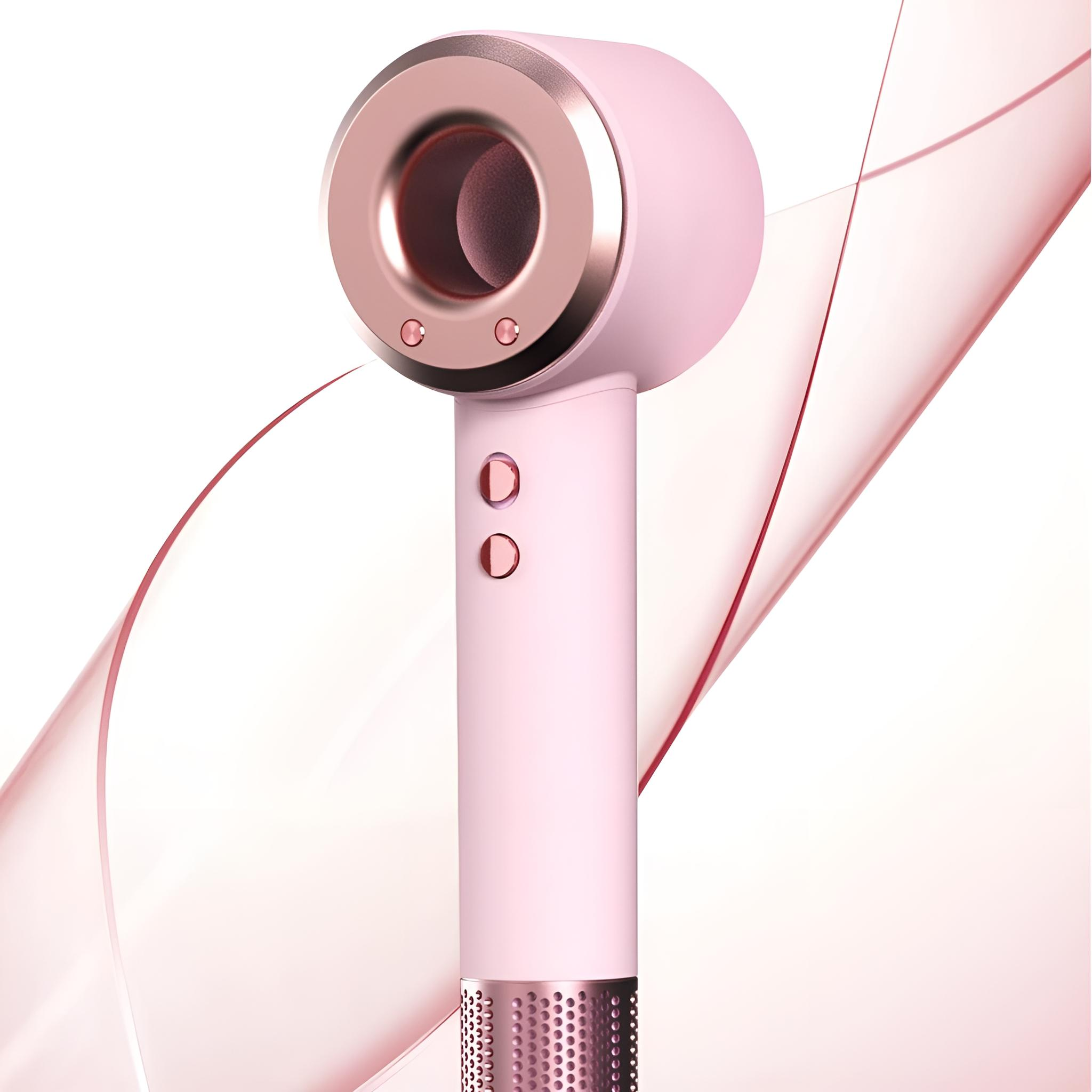 Ein rosa Haartrockner mit rundem Kopf und Knöpfen wird auf hellem Hintergrund dargestellt.
