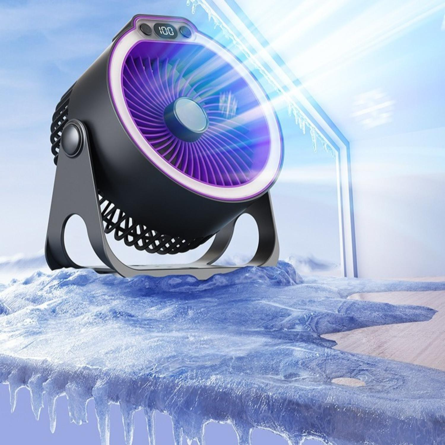 Ein schwarzer tragbarer Ventilator mit digitaler Anzeige wird auf einer blau-weißen eisartigen Oberfläche gezeigt.