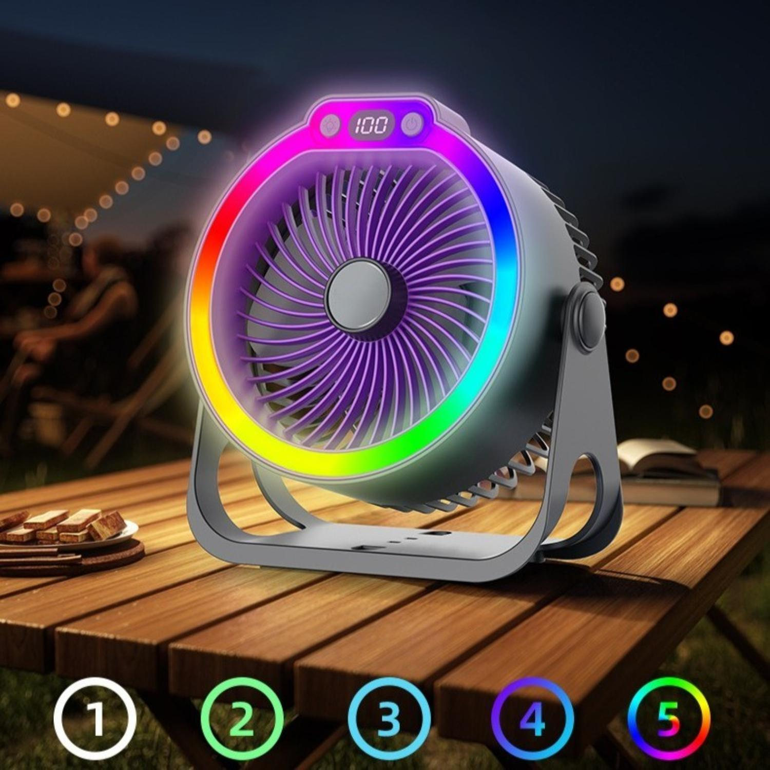 Ein Ventilator mit Regenbogenlicht auf einem Holztisch. Die Zahlen 1-5 befinden sich am unteren Bildrand.