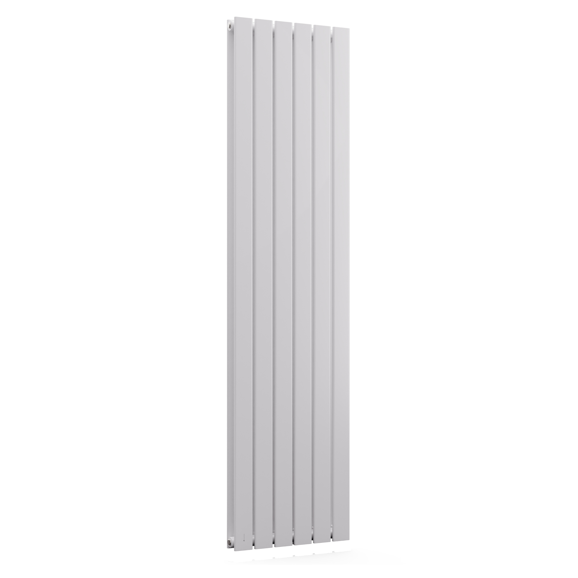 Un radiatore verticale alto e bianco con sette pannelli verticali su sfondo bianco.