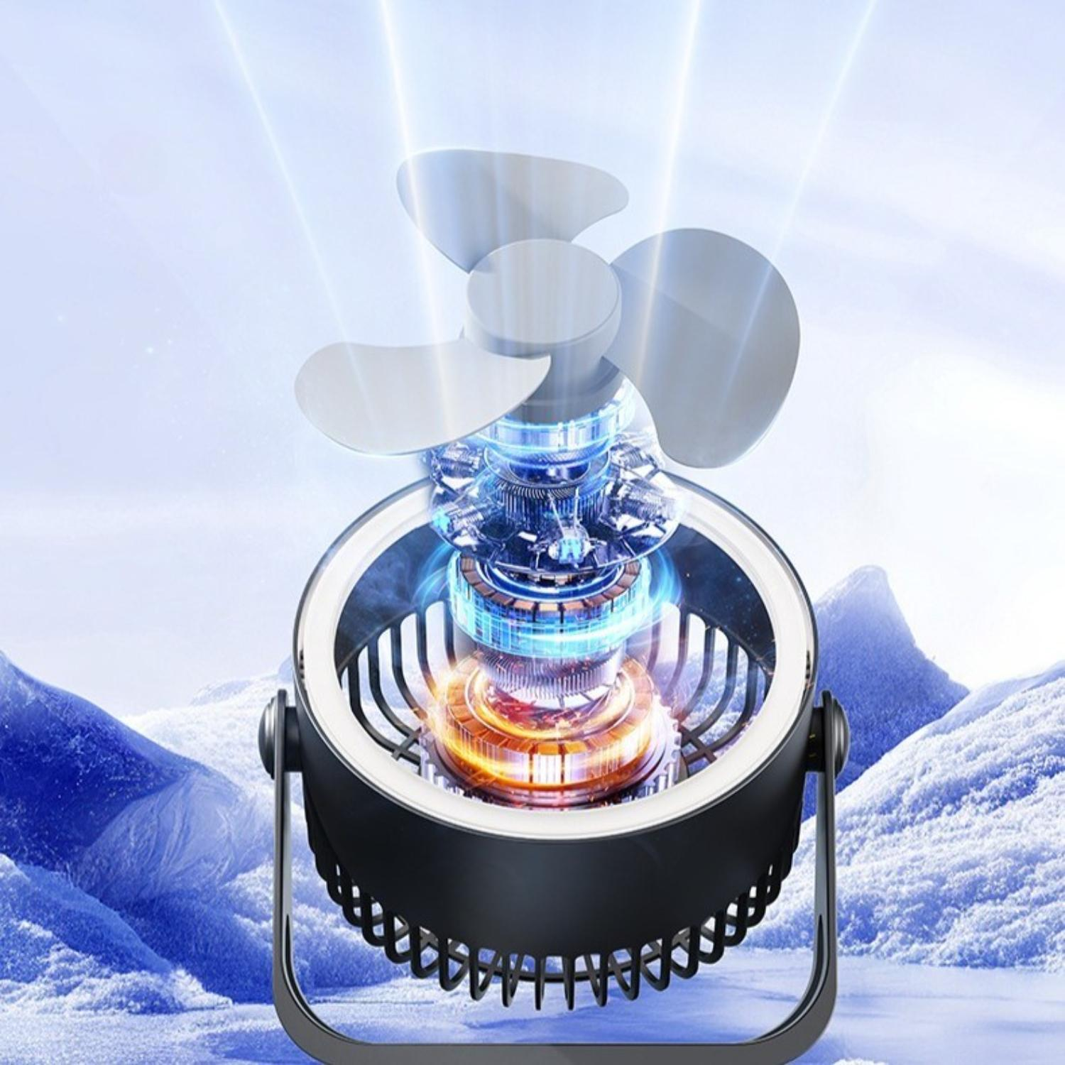 Eine Explosionsansicht eines Ventilators mit blau-orangefarbenem Kern vor verschneitem Hintergrund.