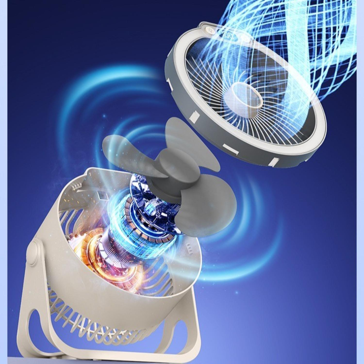 Ein explodierter Ventilator mit weißem Sockel, grauem Ventilator und blauem Hintergrund mit Windeffekt.