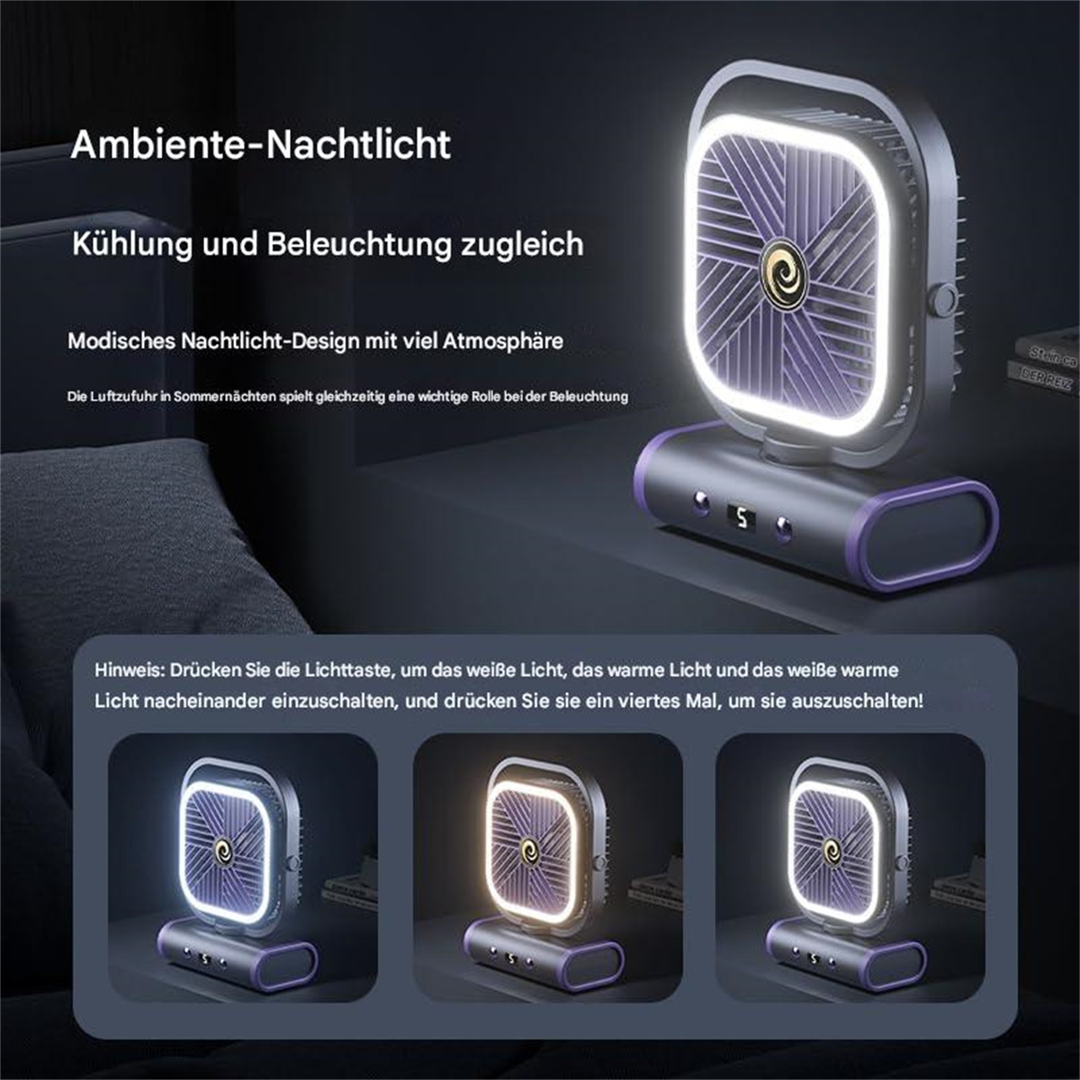 Ein kleiner Ventilator mit quadratischer Form, der verschiedene Lichtmodi zeigt.