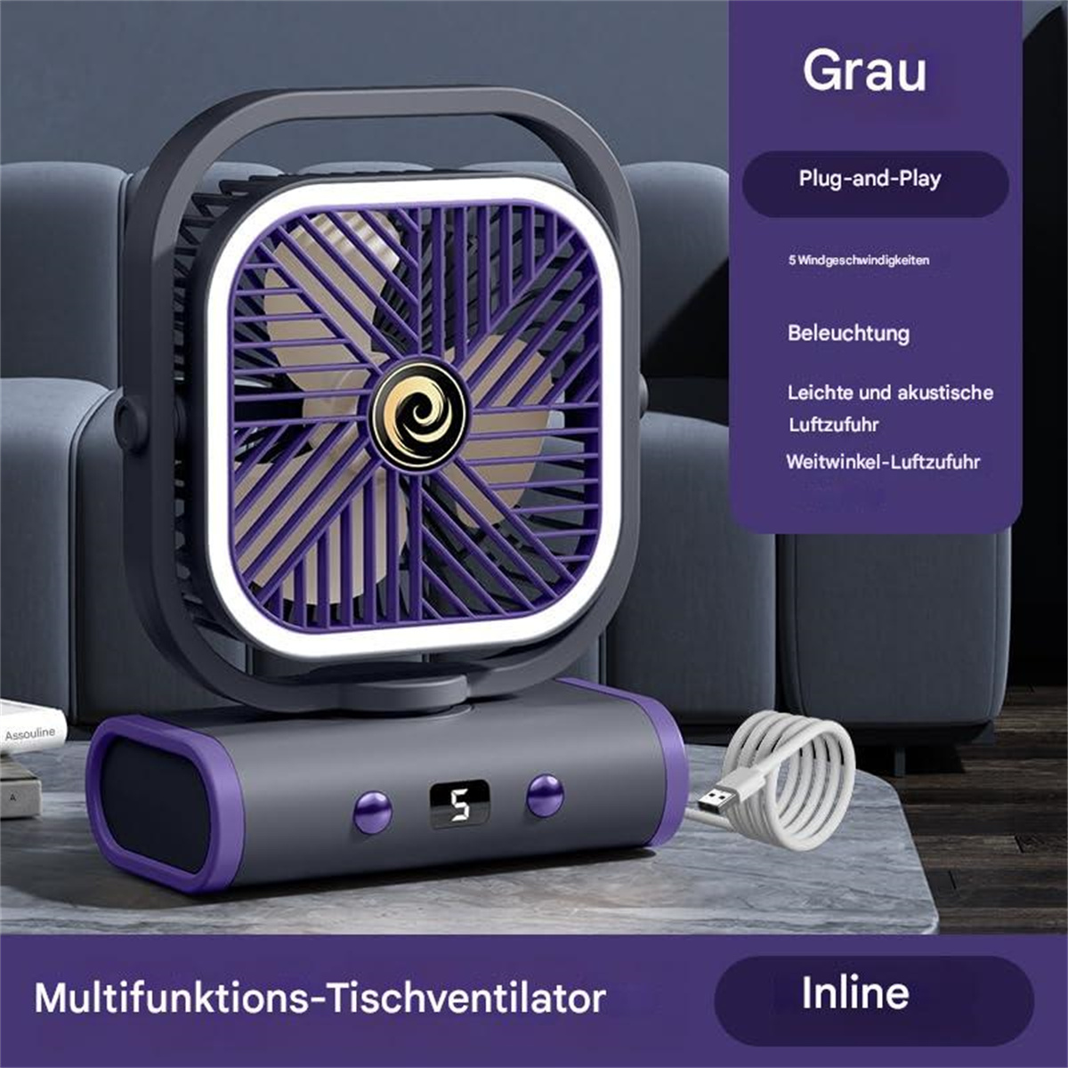 Ein kleiner grau-violetter Ventilator auf einem Tisch mit deutschem Text.