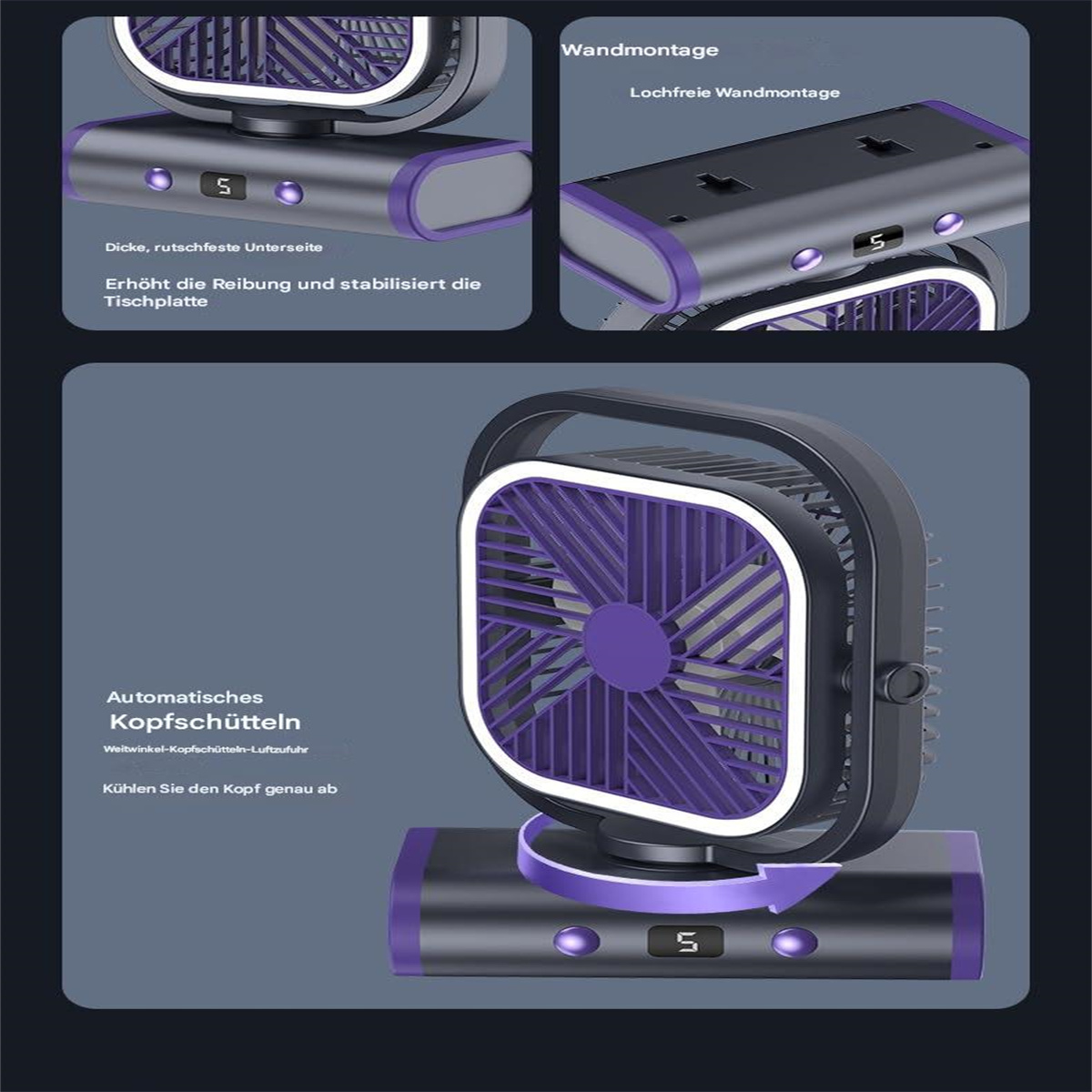 Diagramme, die verschiedene Funktionen eines lila-grauen Ventilators zeigen.