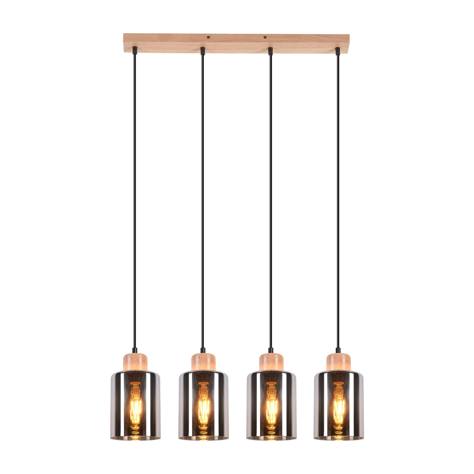 Quattro lampade a sospensione appese a una trave di legno.