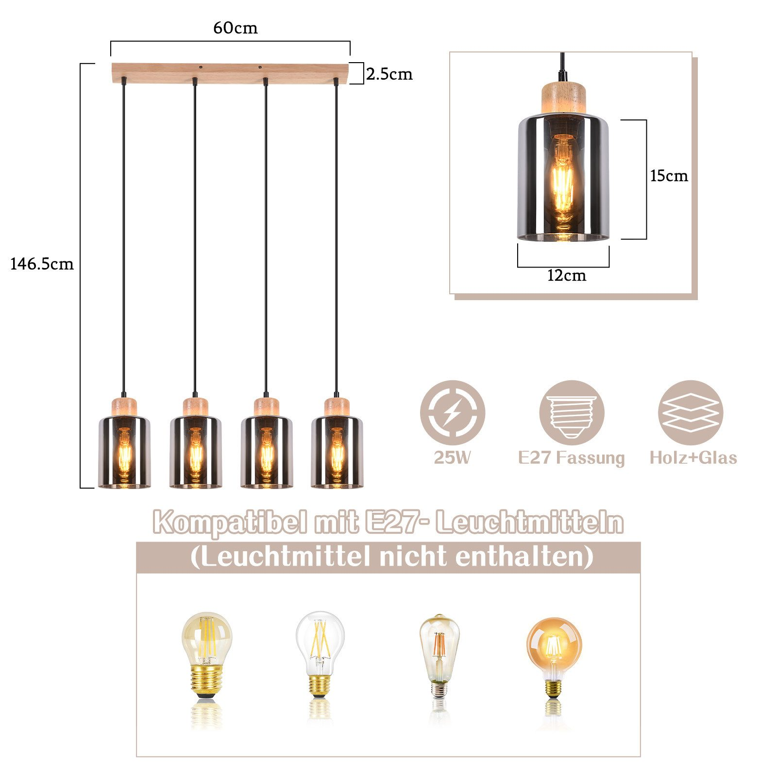 Diagramma di lampade a sospensione con dimensioni e tipi di lampadine.