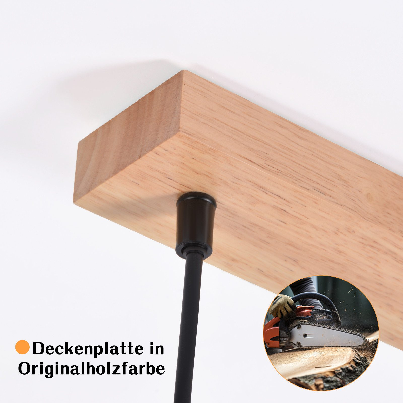 Una trave di legno con un cavo nero; una motosega nell'inserto.