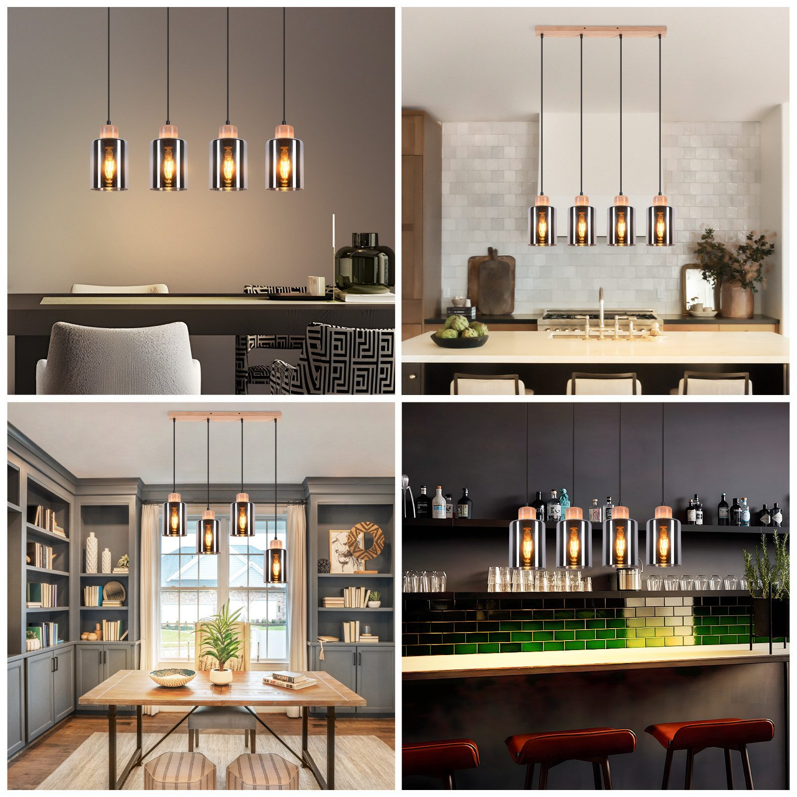 Diverse scene di interni con lampade a sospensione installate in diversi contesti.
