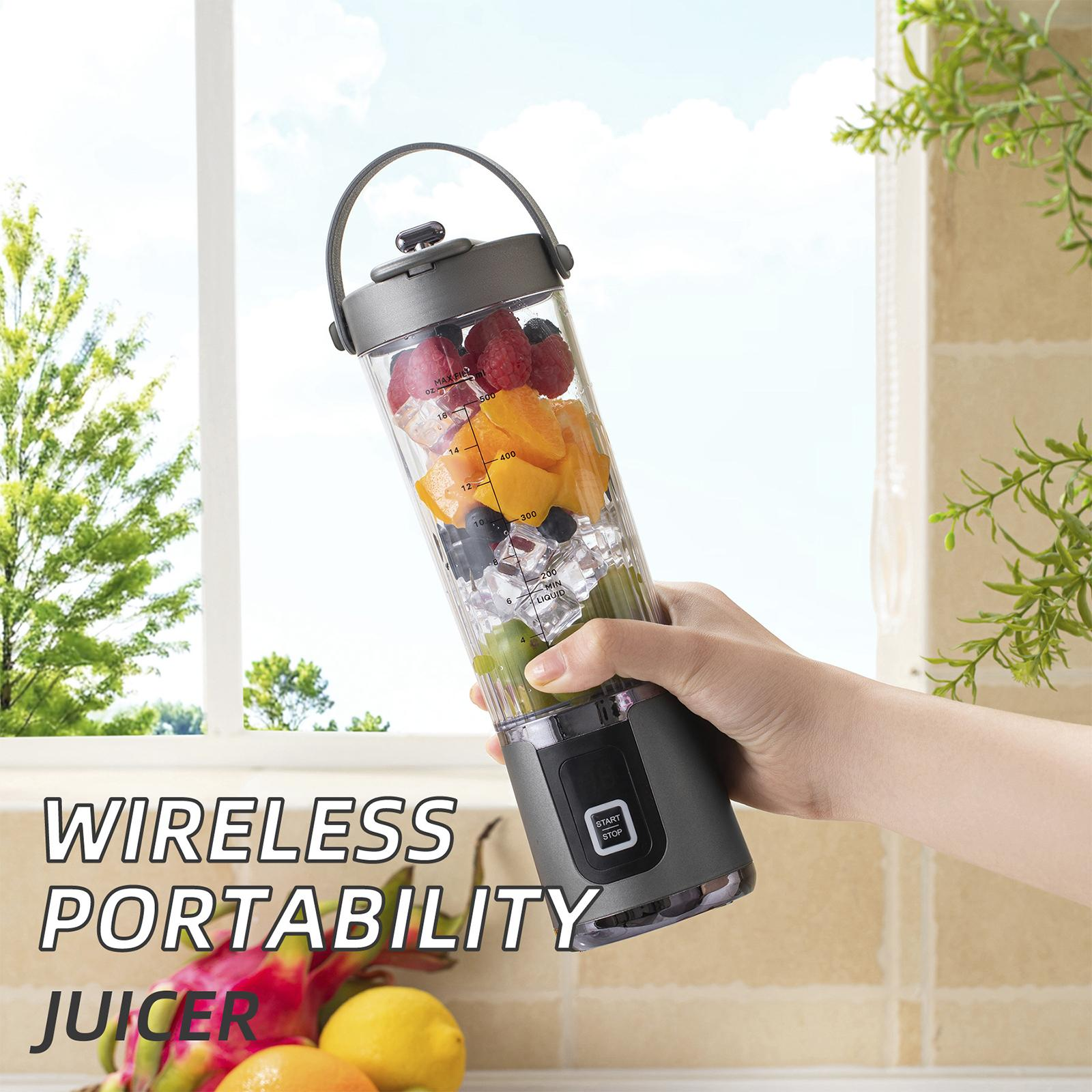 Eine Person hält einen Mixer mit Früchten, mit dem Text 'WIRELESS PORTABILITY JUICER'.