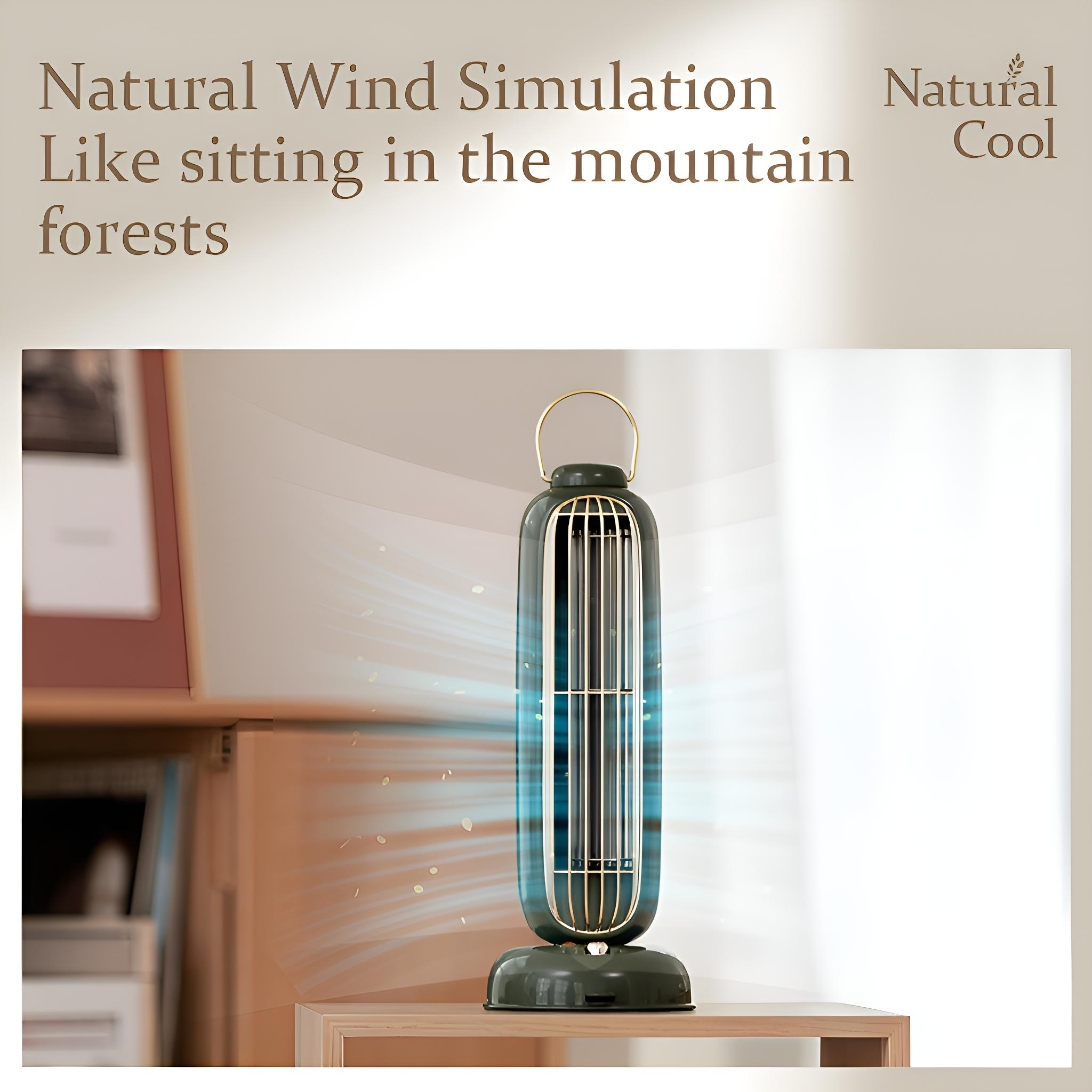 Ein grüner Turmventilator steht auf einer Holzoberfläche und bläst Luft in einen Raum mit natürlichem Licht.