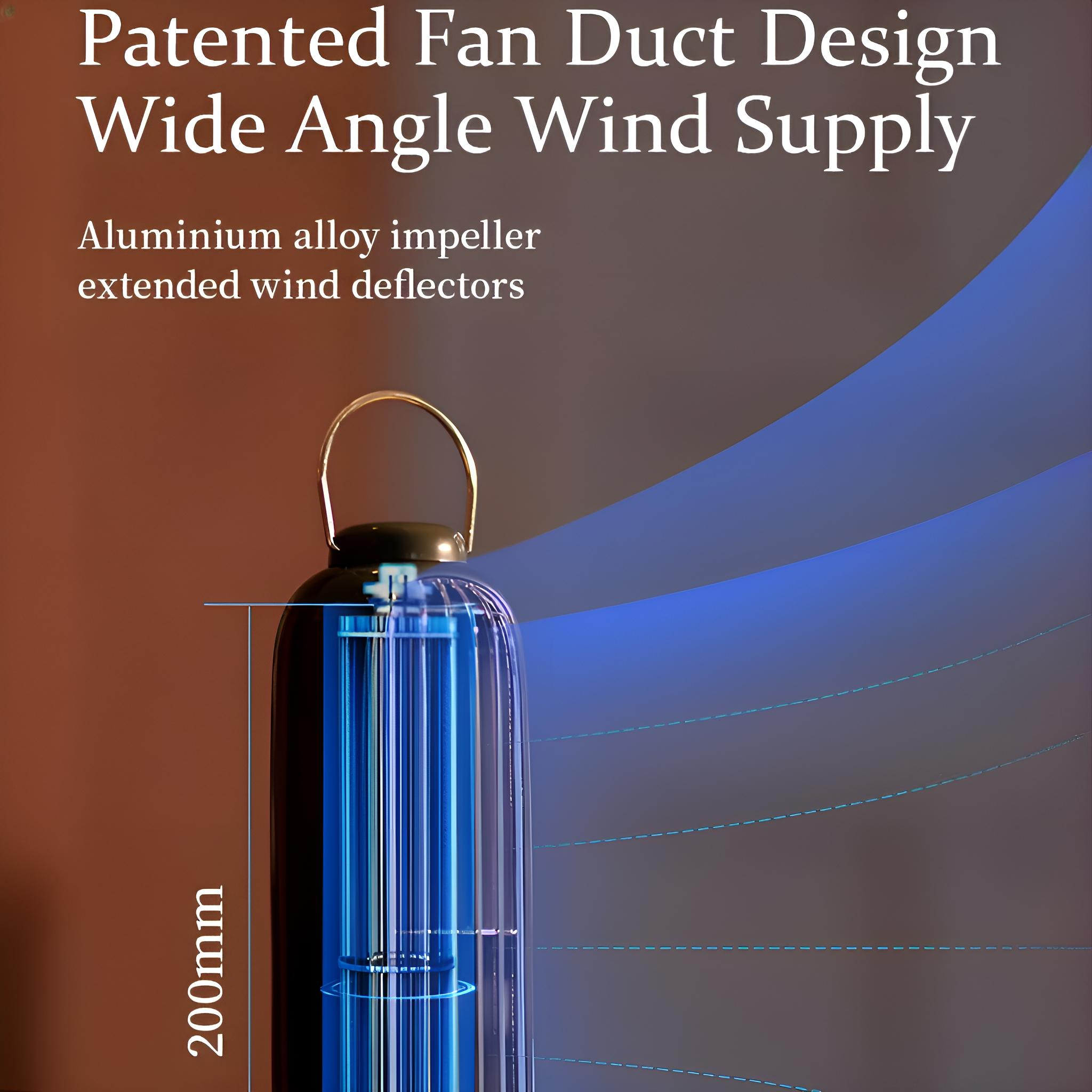 Ein zylindrischer Ventilator mit Griff. Das Bild zeigt blauen Luftstrom und Text über Design.