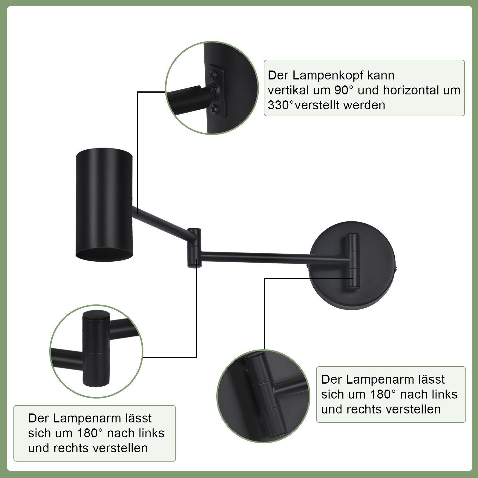 Un diagramma dettagliato di una lampada da parete nera, che mostra le posizioni regolabili del braccio e della testa.
