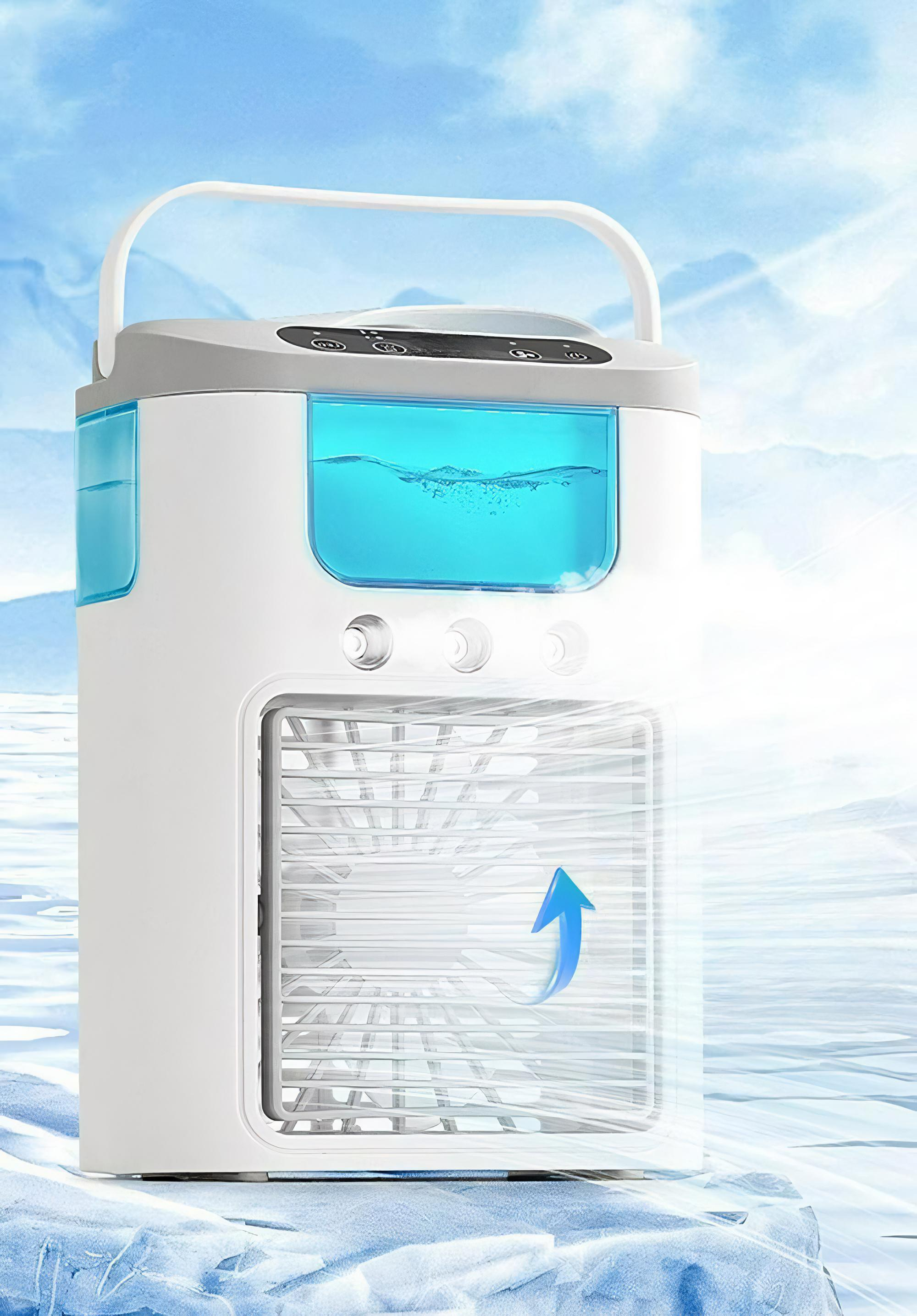 Ein weißer und grauer tragbarer Luftkühler mit Wassertank, Lüfter und einem blauen Pfeil nach oben.