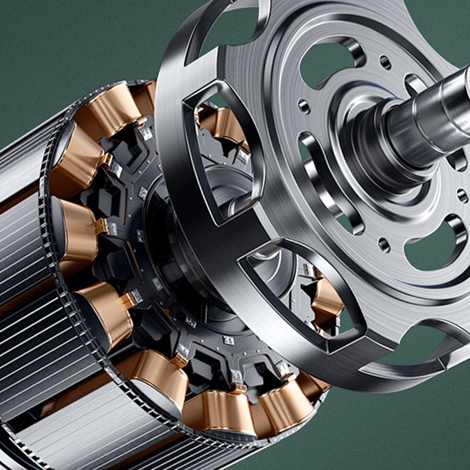 Nahaufnahme einer Metallmotorkomponente, die komplizierte Details und Design zeigt, vor einem grünen Hintergrund.