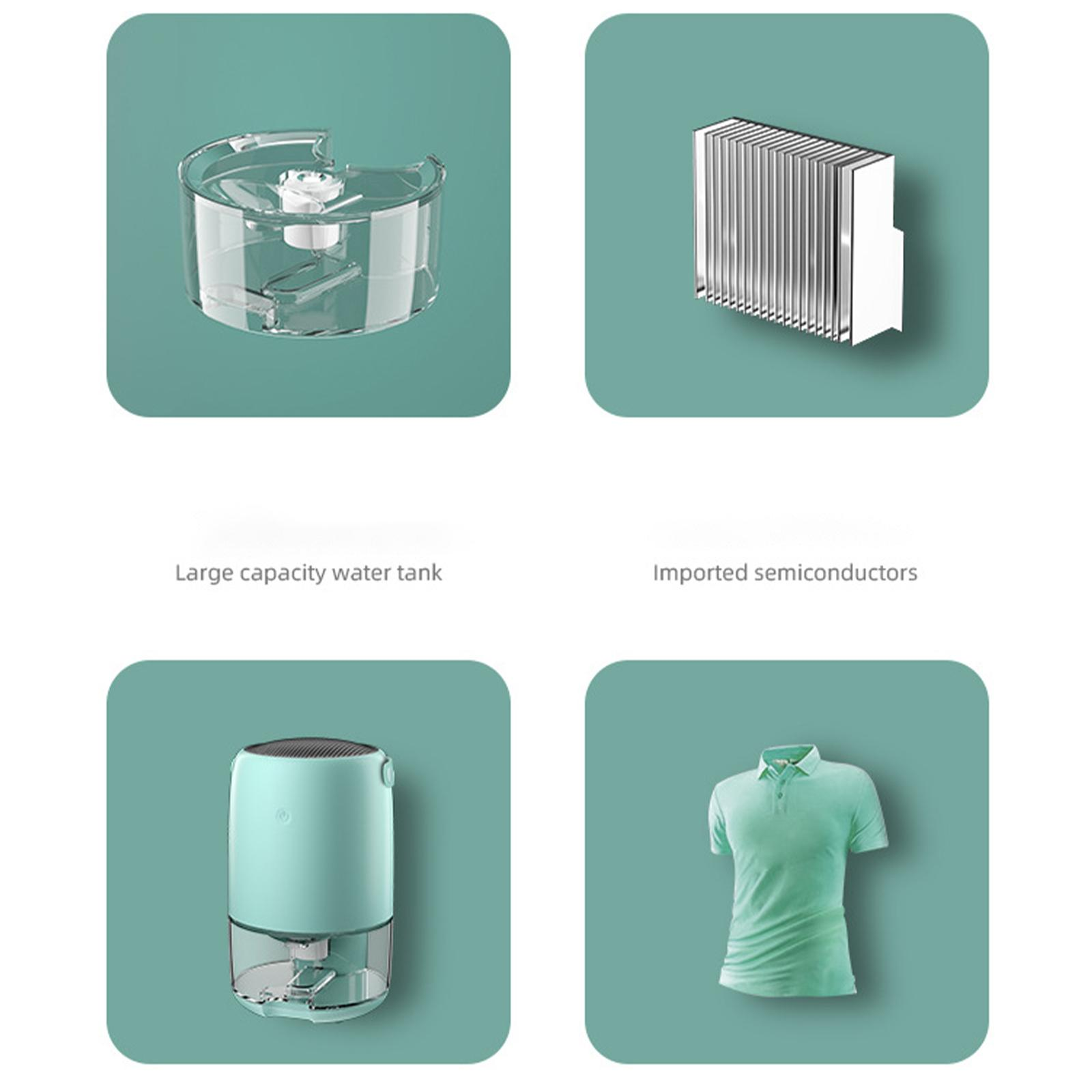 Collage mit Luftbefeuchterkomponenten: Wassertank, Halbleiter, der zusammengebaute Luftbefeuchter und ein grünes Poloshirt.