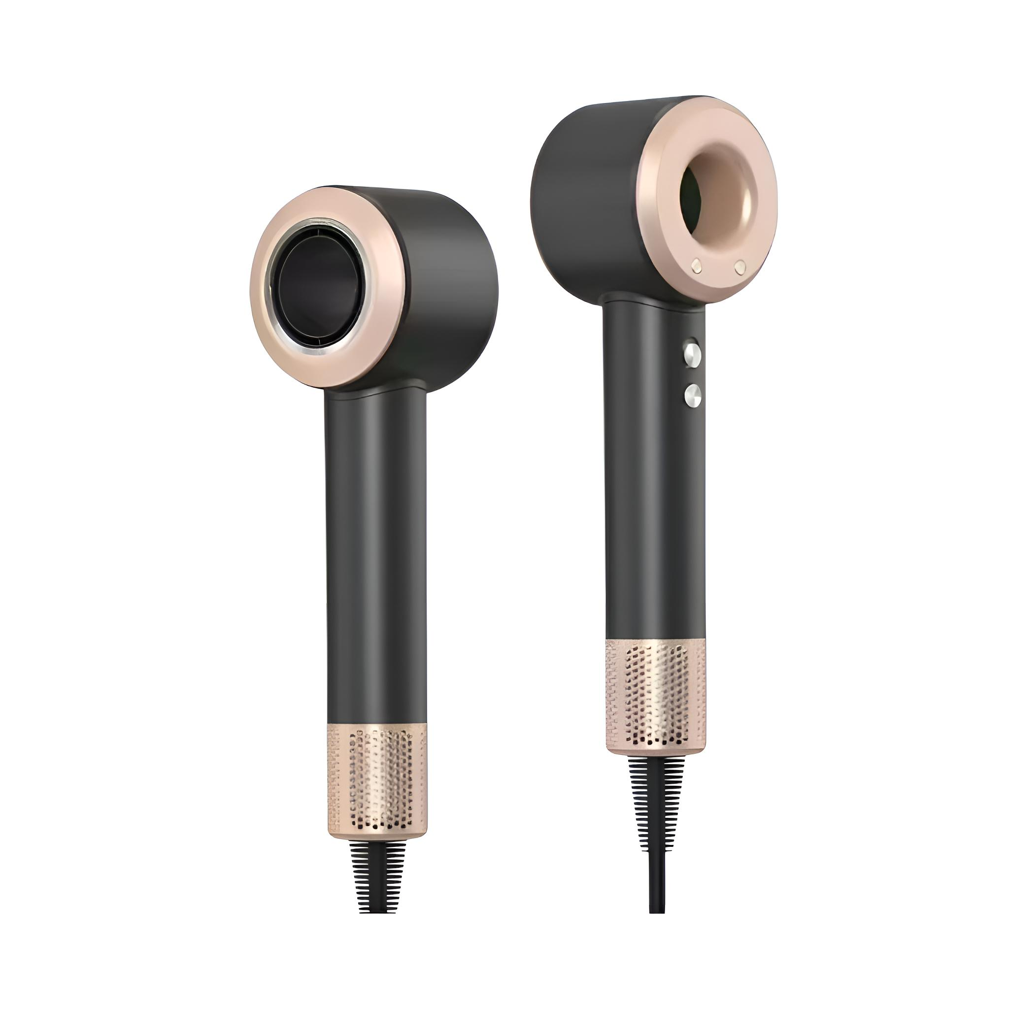 Zwei elegante Haartrockner, schwarz mit goldenen Akzenten, mit einem modernen Design und einem ergonomischen Griff für eine einfache Bedienung.