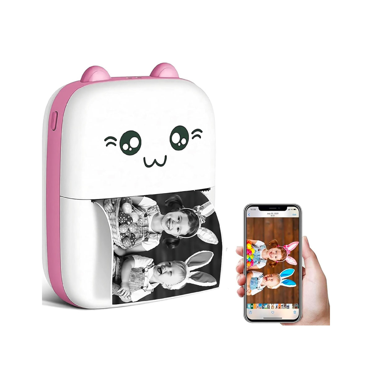 Una impresora instantánea blanca y rosa muestra fotos en blanco y negro. Un teléfono muestra fotos en color de imágenes similares.