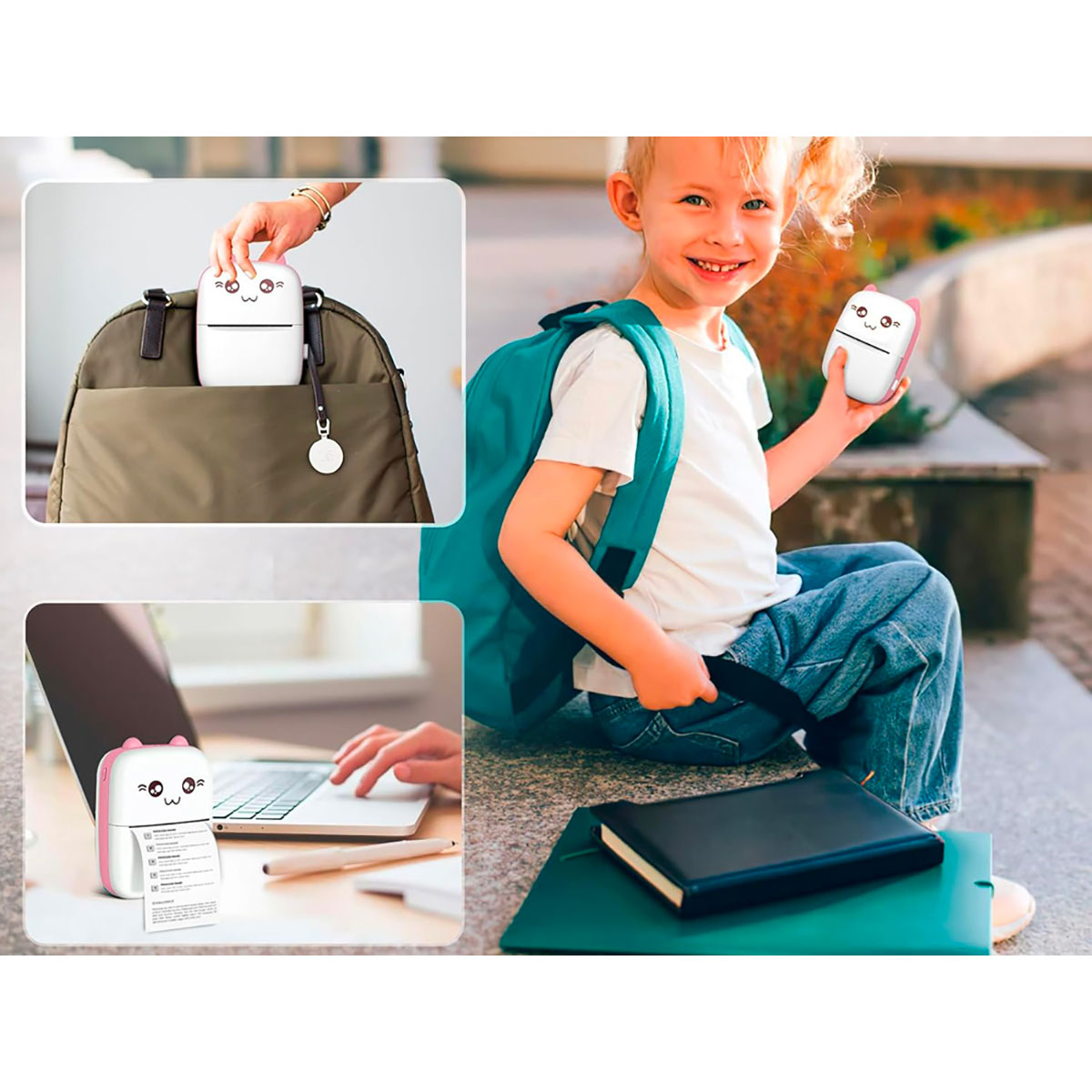 Un niño sonriente sostiene una impresora blanca y rosa. Los insertos muestran la impresora conectada a una mochila e imprimiendo desde una computadora portátil.