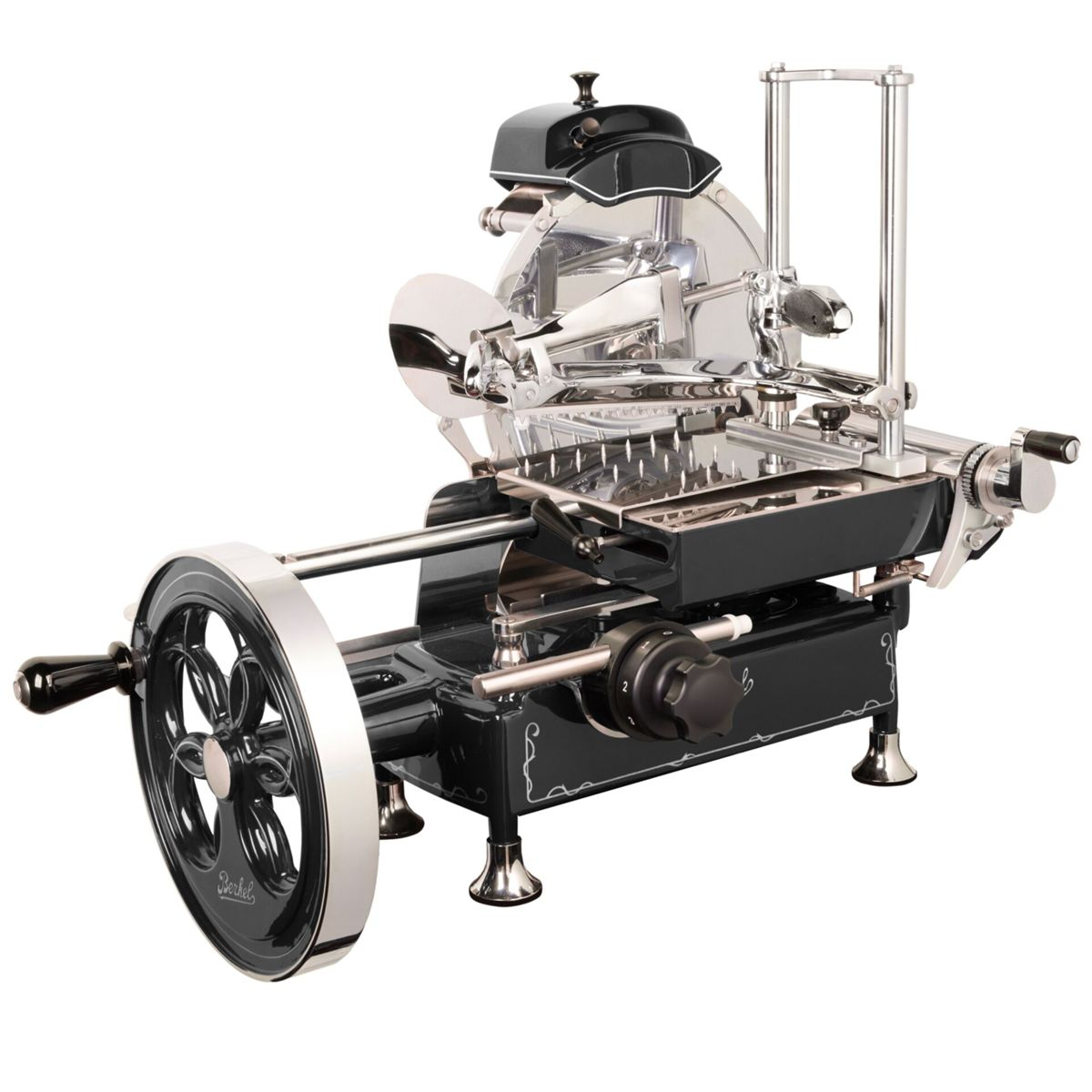 Eine schwarz-silberne Fleischschneidemaschine mit großem Rad. Der Markenname Berkel ist sichtbar.