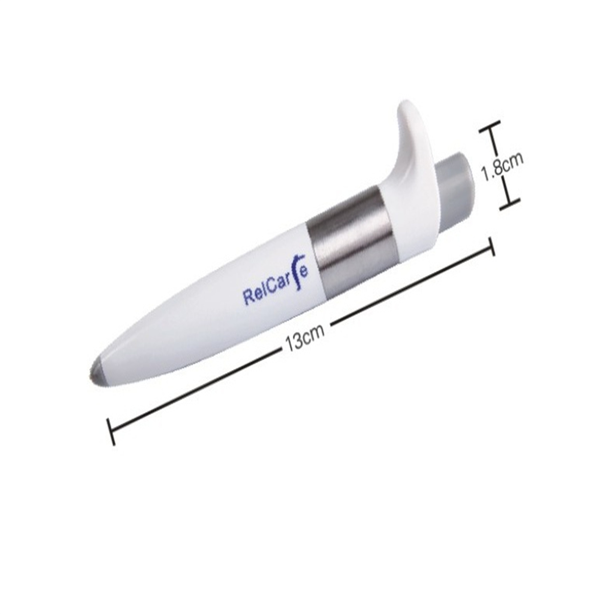 Ein weißes stiftförmiges Gerät mit silbernem Band und grauem Ende. 13cm lang und 1,8cm hoch, RelCarfe.