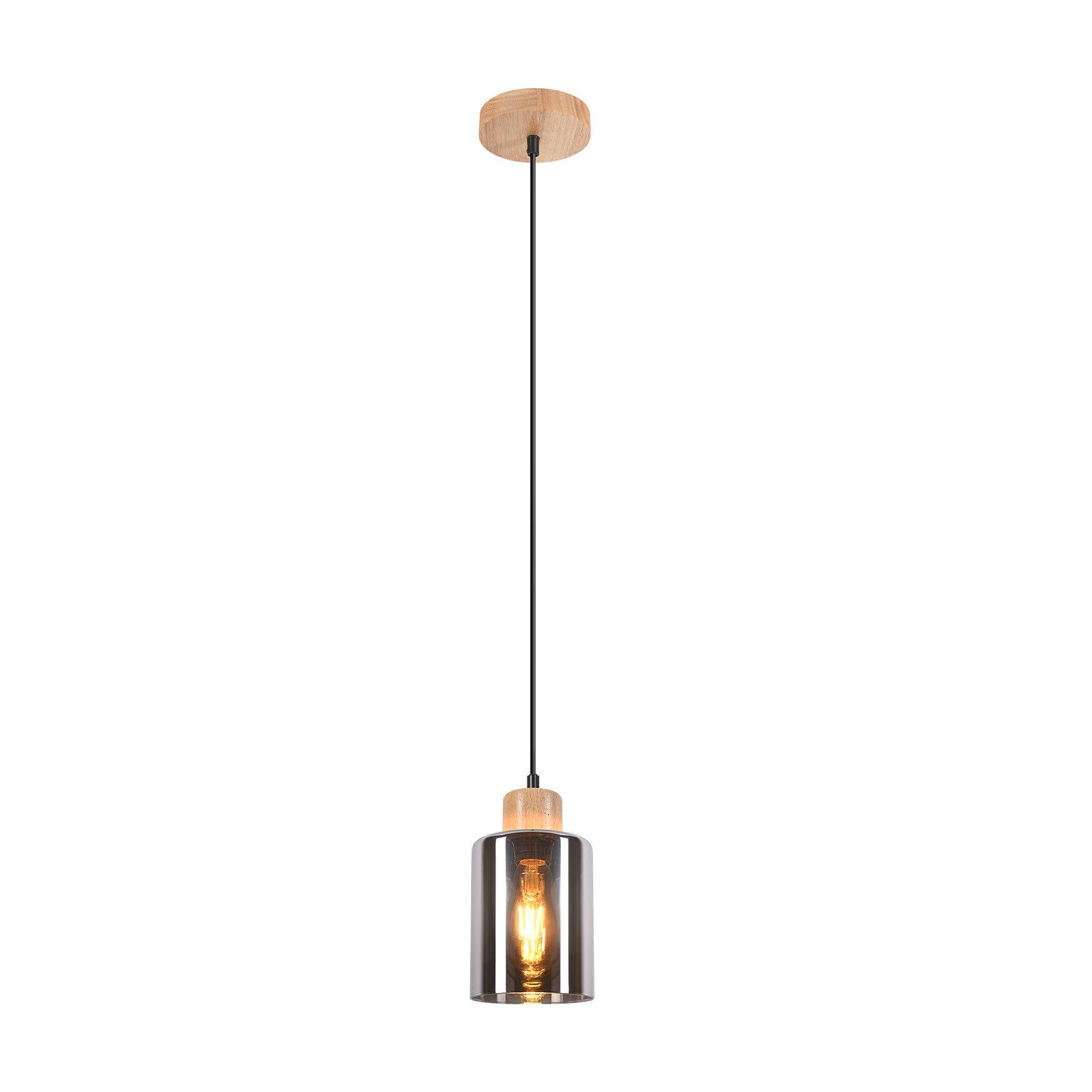 Lampa wisząca z drewnianą górą i dołem, szklanym kloszem i widoczną żarówką.