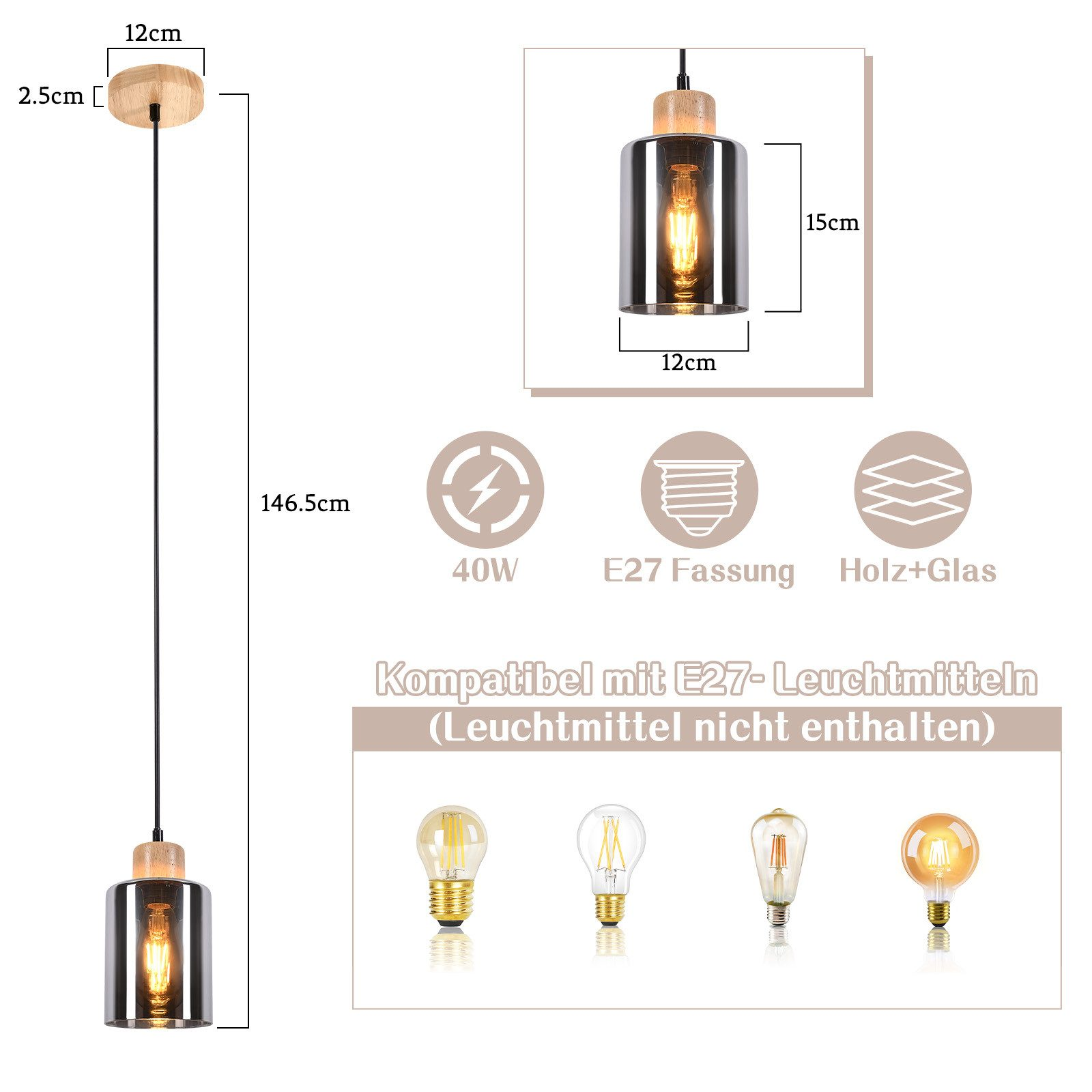 Lampa wisząca z drewnianą górą i dołem, szklanym kloszem, z wymiarami i tekstem wokół.