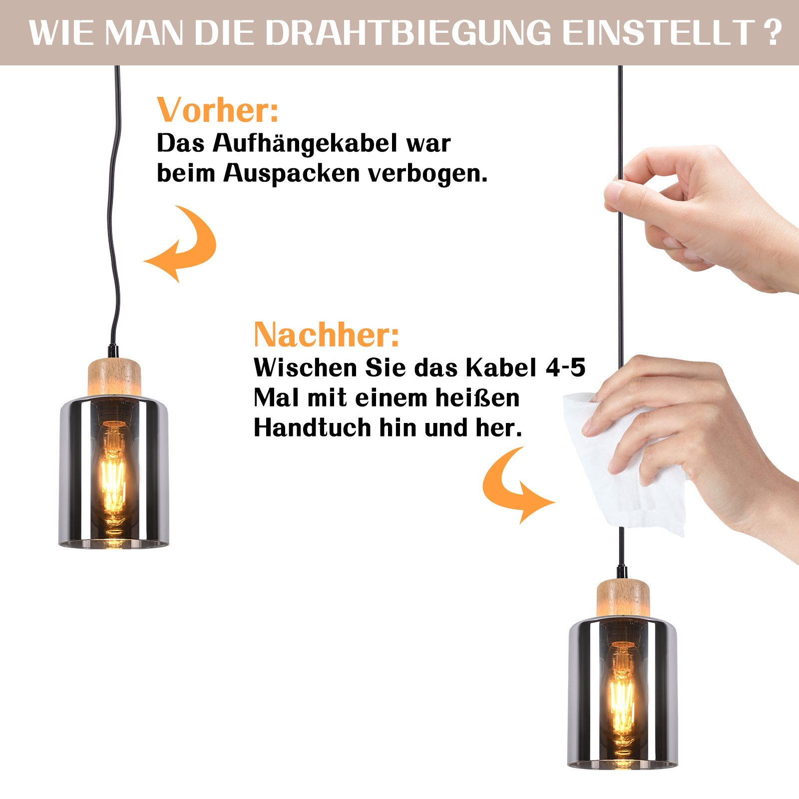 Diagramma che mostra come regolare il filo di una lampada a sospensione. Prima: filo piegato. Dopo: raddrizzato con un panno.
