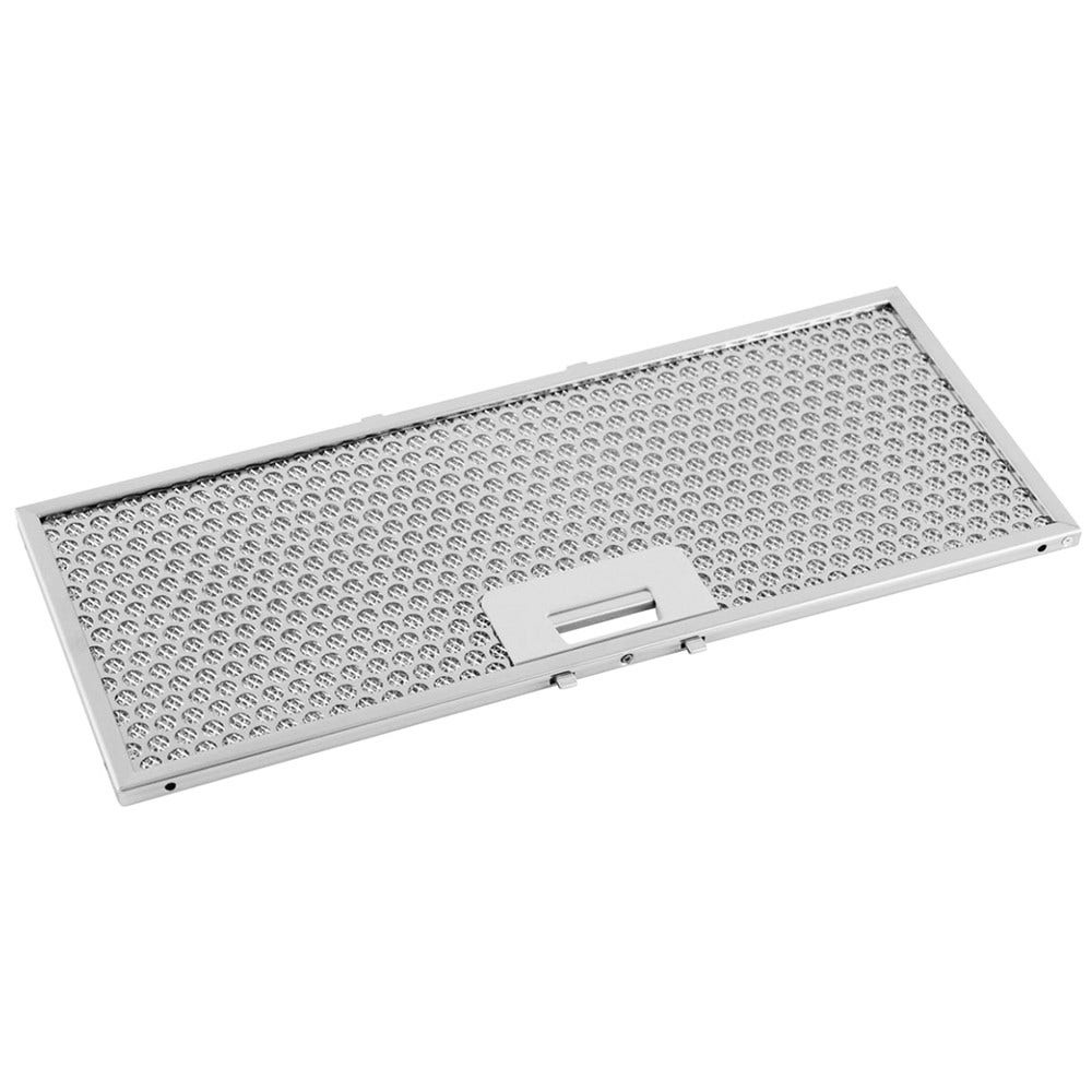 L'immagine presenta un filtro metallico rettangolare perforato, probabilmente per un elettrodomestico da cucina, su uno sfondo bianco.