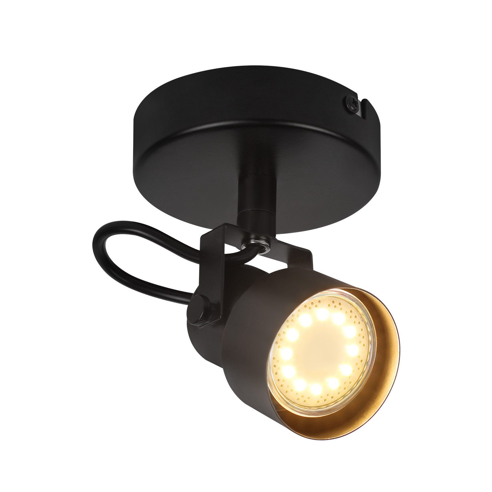 Un faretto da soffitto nero con base circolare e testa regolabile è mostrato su uno sfondo bianco.