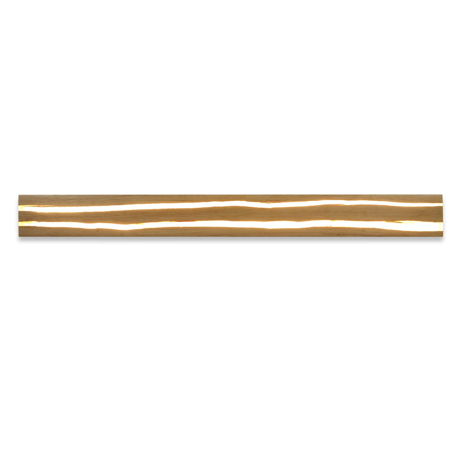 Un apparecchio di illuminazione in legno con due strisce luminose orizzontali è centrato su uno sfondo bianco.