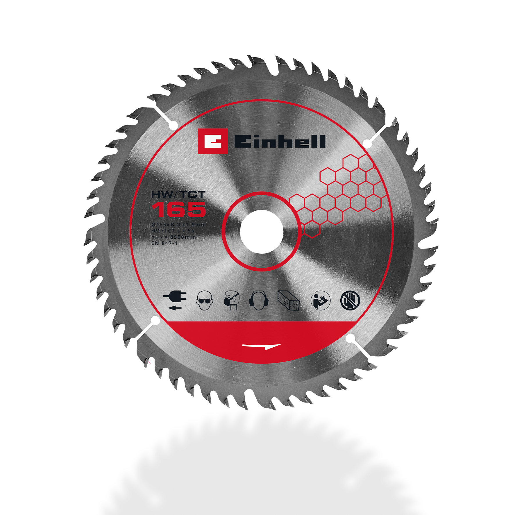 Ein Kreissägeblatt mit scharfen Zähnen und einem roten Design in der Mitte mit dem Einhell-Logo auf weißem Hintergrund.
