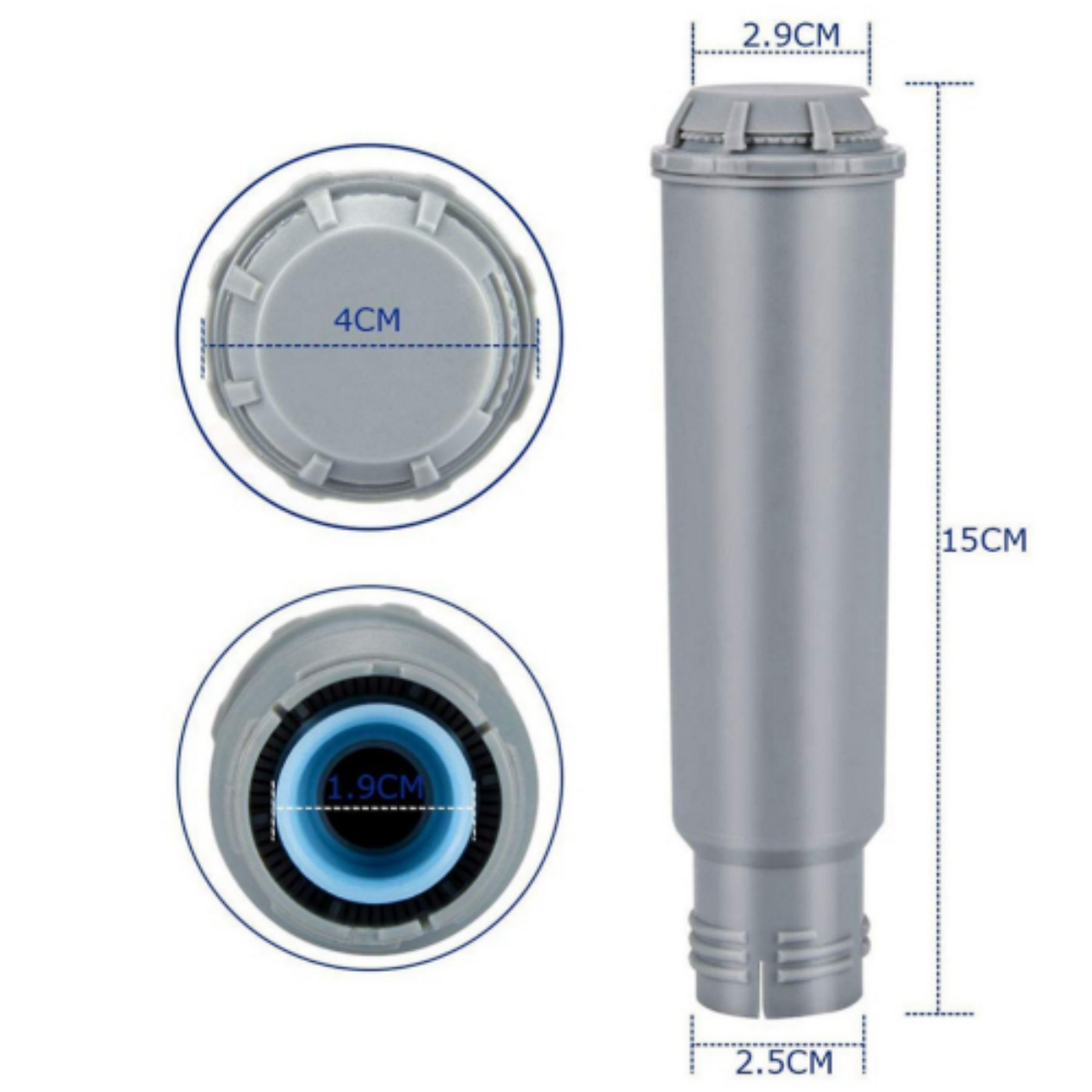Ein detailliertes Diagramm zeigt die Abmessungen einer grauen Wasserfilterkartusche mit Maßen in Zentimetern.