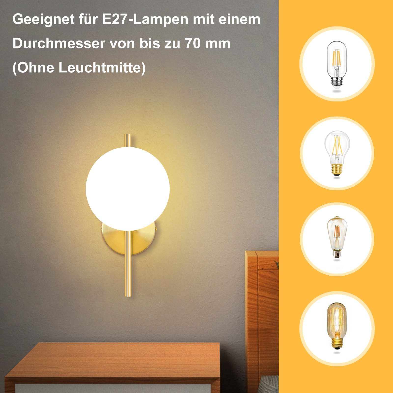 Una lampada da parete con paralume a globo bianco è mostrata accanto a lampadine di esempio e testo sulla compatibilità delle lampadine.