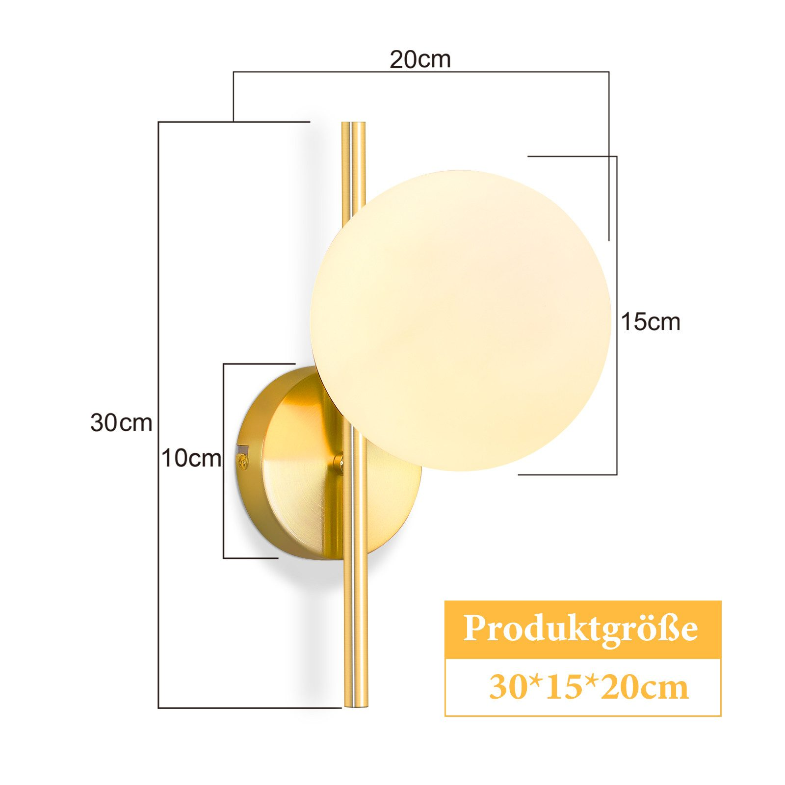 Diagramma delle dimensioni del prodotto che mostra le dimensioni di una lampada da parete con paralume rotondo bianco e accenti dorati.