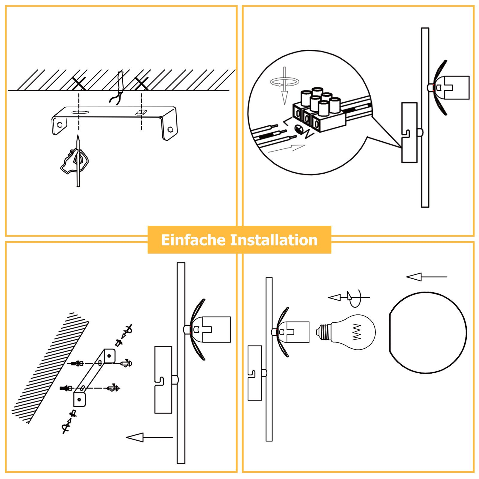 Diagramma che mostra i passaggi per una facile installazione di una lampada da parete, compreso il montaggio e il cablaggio.
